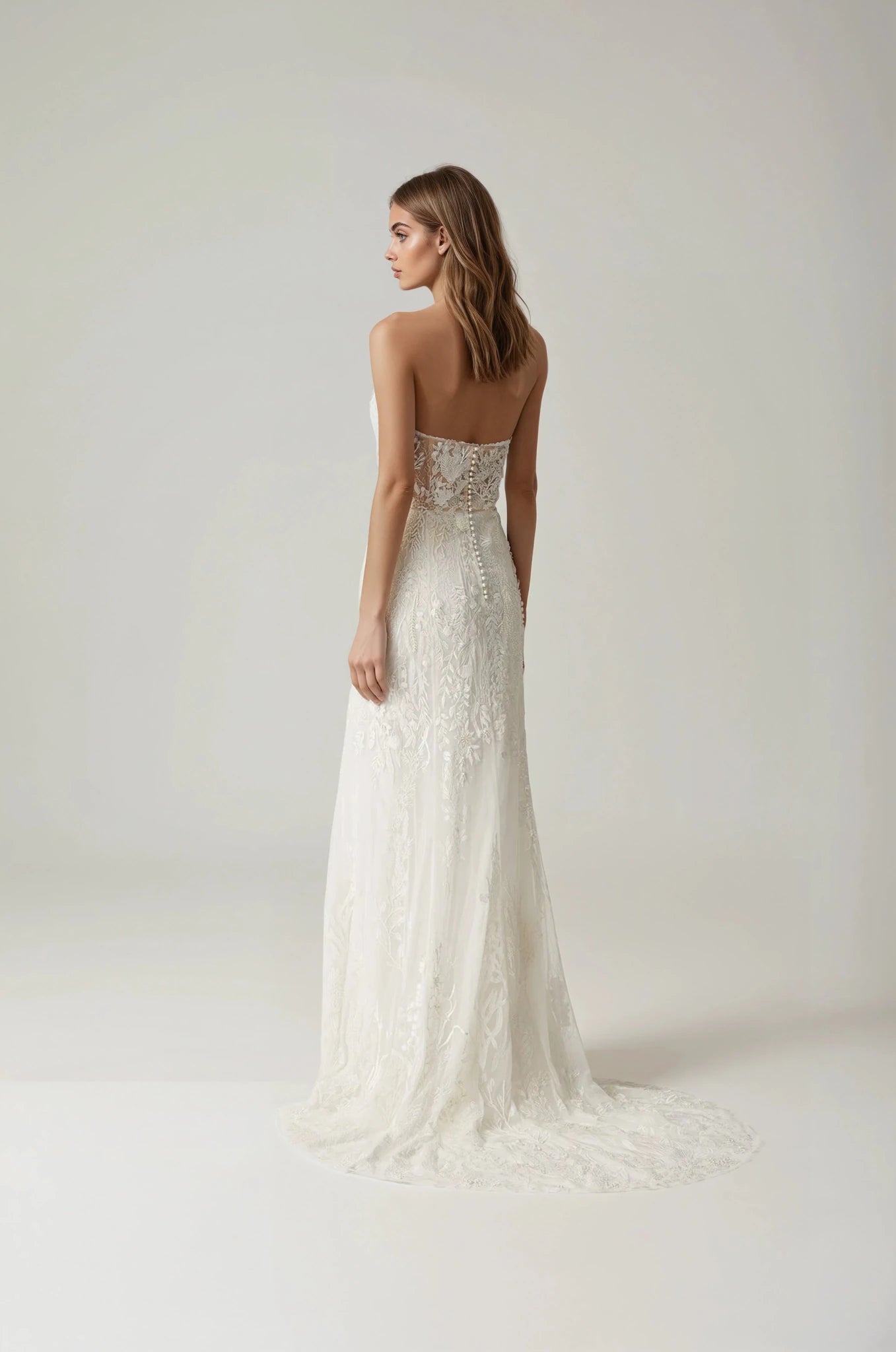 hermione - de - paula - Archive Seascape Straight Bodice SL Gown Moonlight White - New Sample Never Worn - botanical - couture