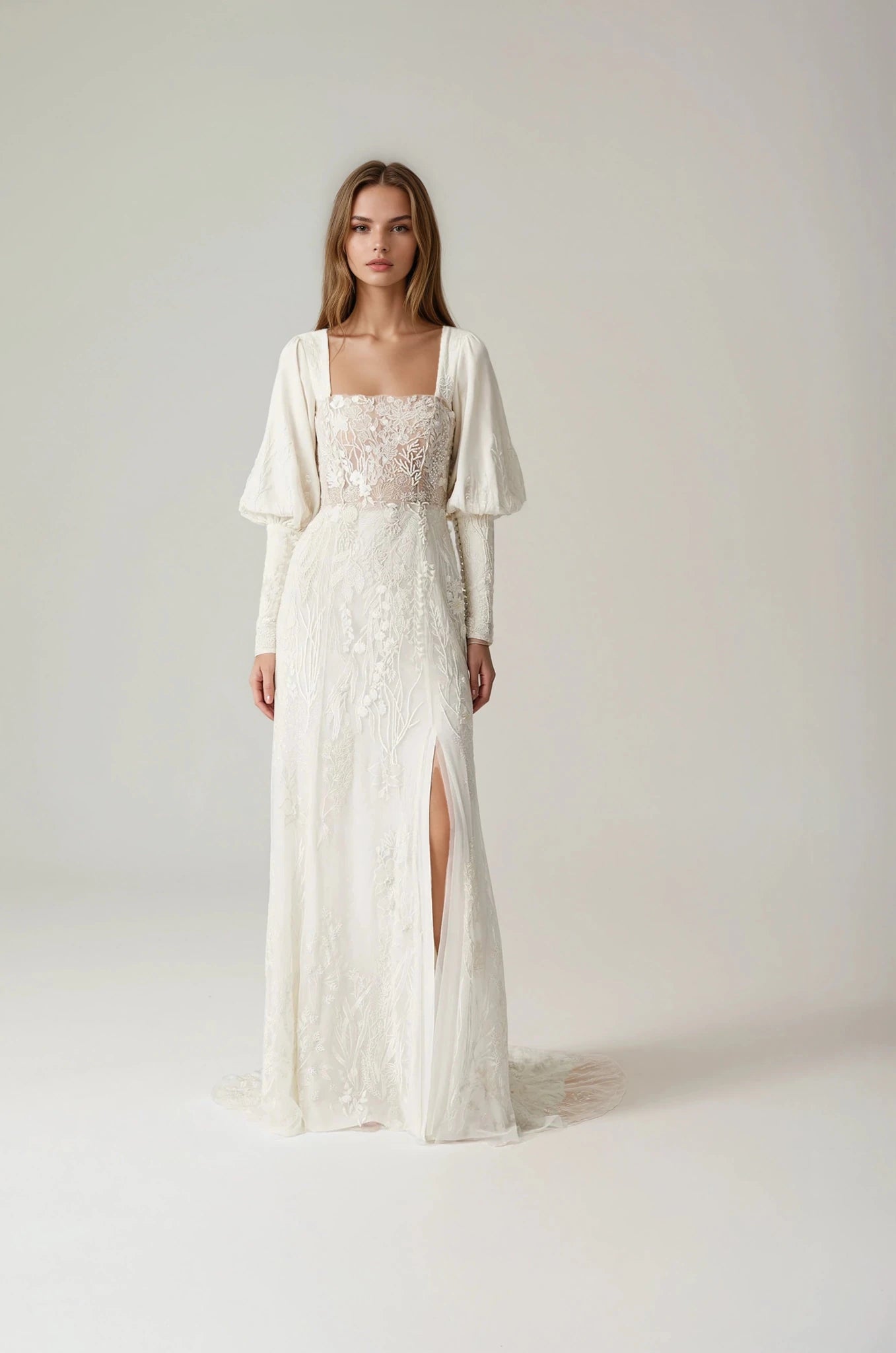 hermione - de - paula - Archive Seascape Straight Bodice SL Gown Moonlight White - New Sample Never Worn - botanical - couture