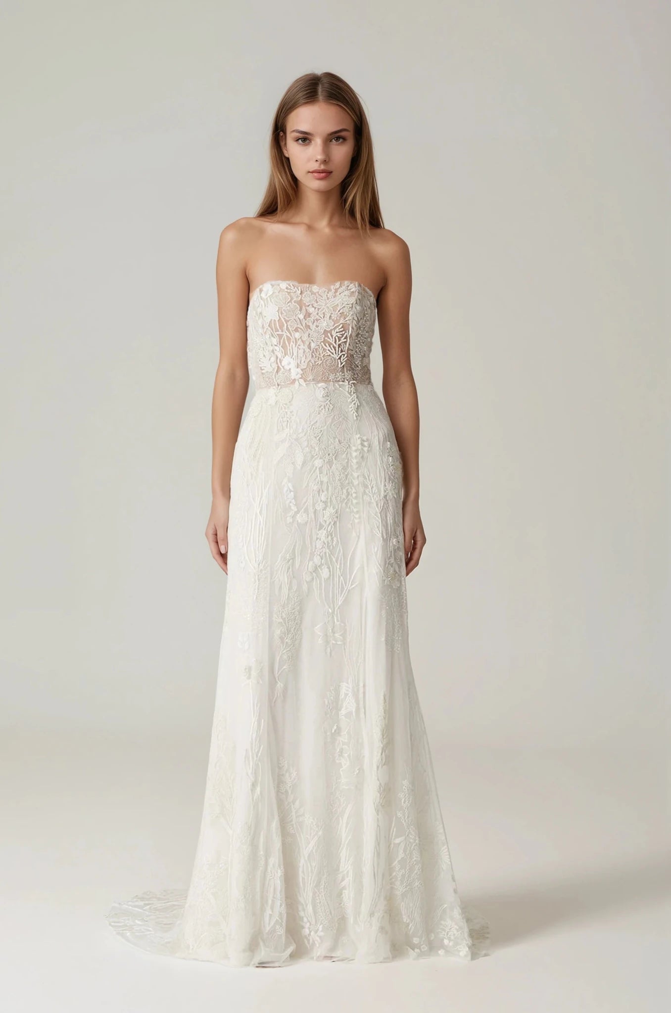 hermione - de - paula - Archive Seascape Straight Bodice SL Gown Moonlight White - New Sample Never Worn - botanical - couture