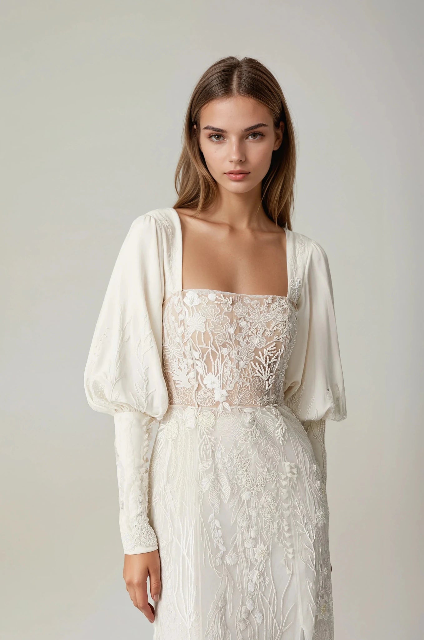 hermione - de - paula - Archive Seascape Straight Bodice SL Gown Moonlight White - New Sample Never Worn - botanical - couture