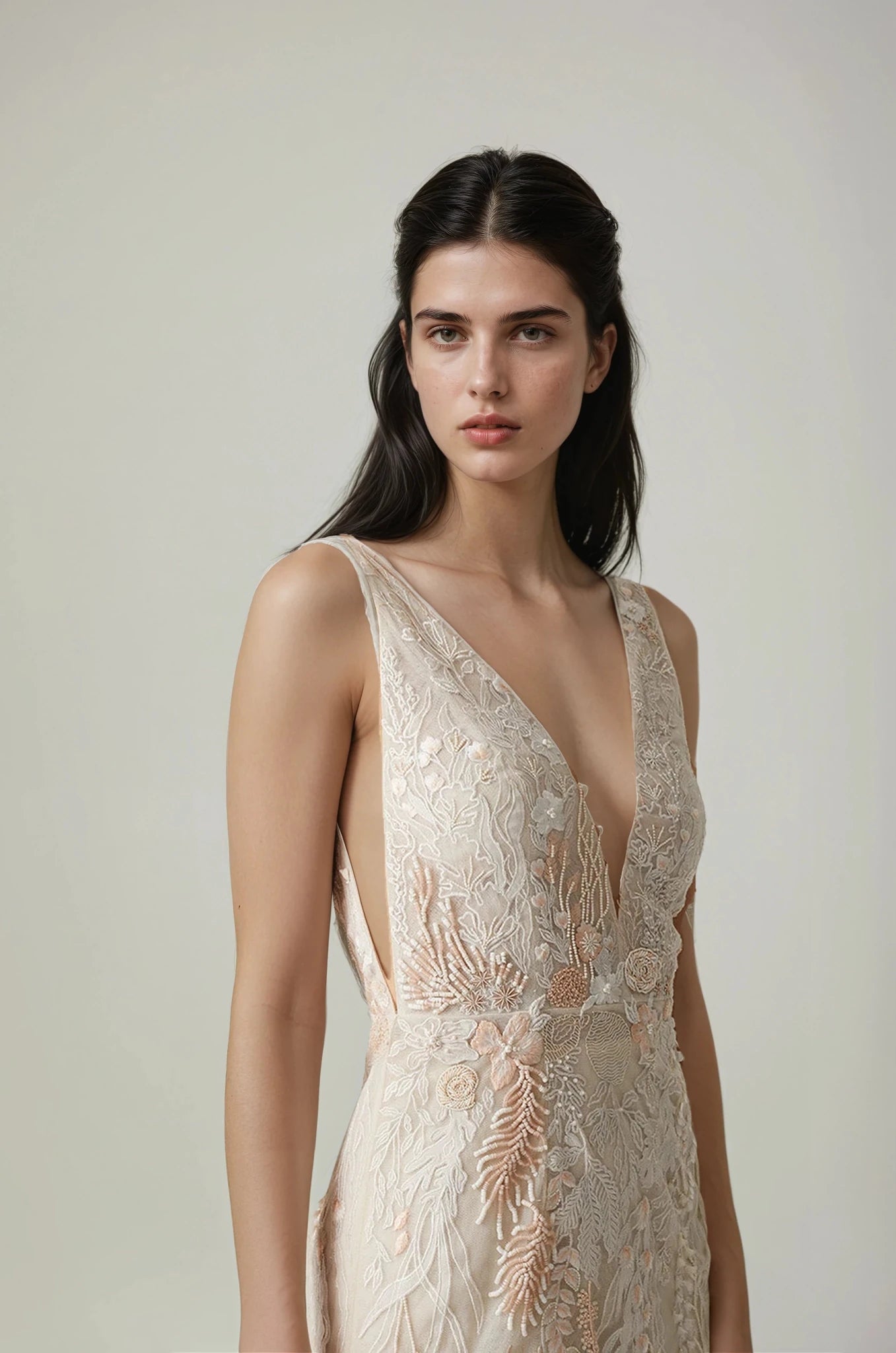 hermione - de - paula - Archive Underwater Wildflower Illusion V Front Tulle Mini Dress Seashell Blush - New Sample Never Worn - botanical - couture