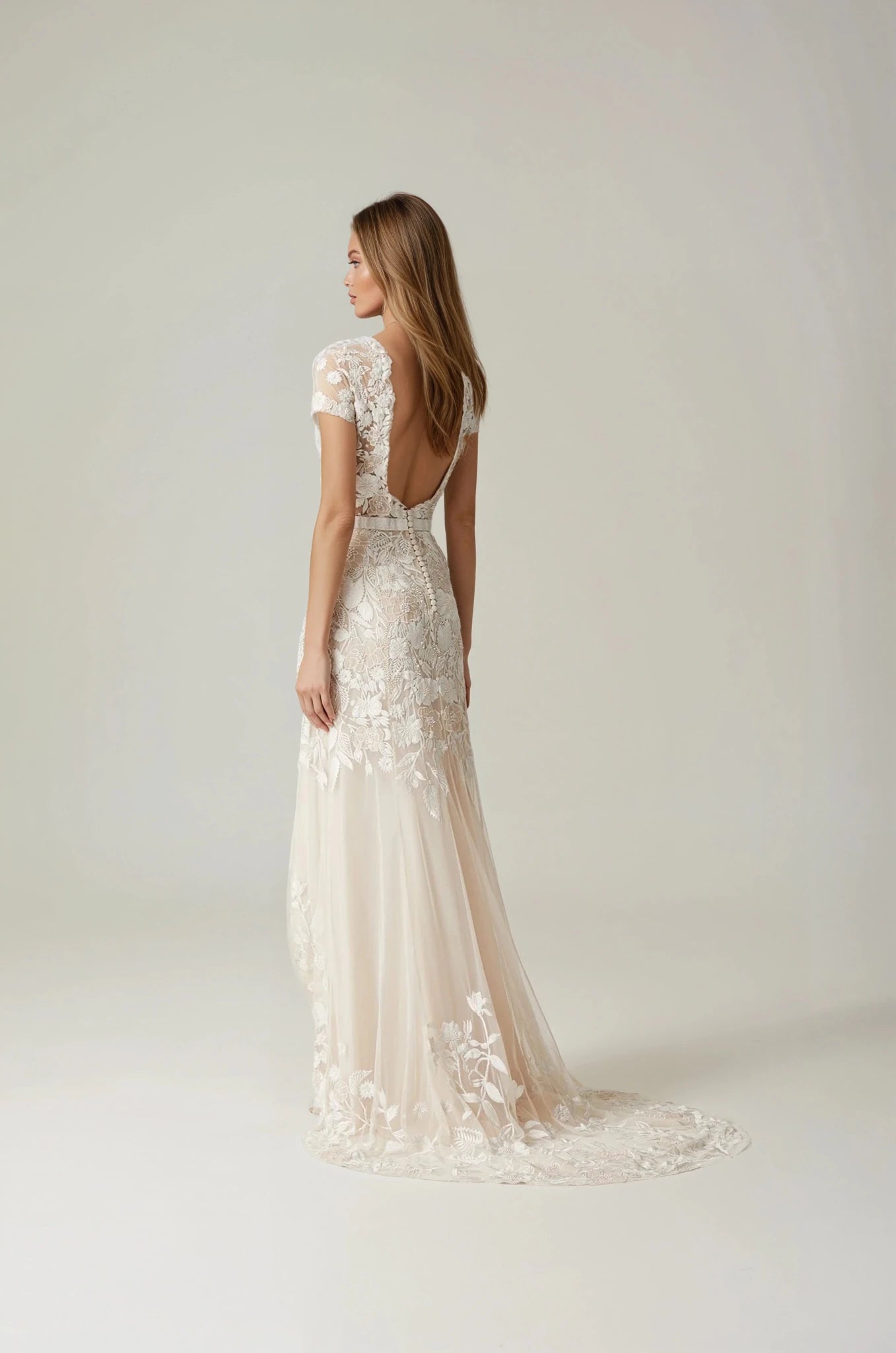 hermione - de - paula - Archive Wild Rose Garden Gown With Open Back Detail in Seashell Blush with Beaded Infill - botanical - couture