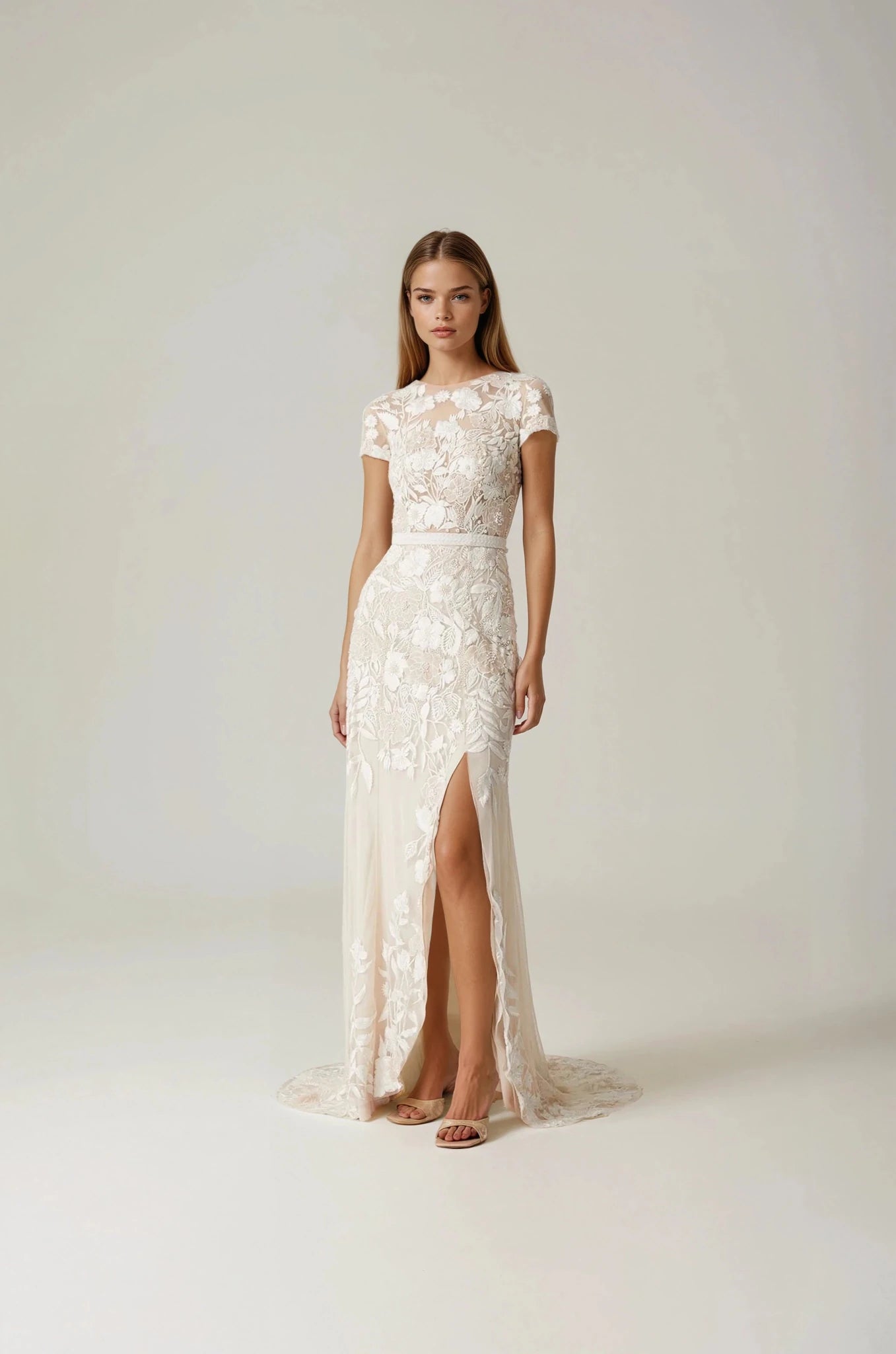 hermione - de - paula - Archive Wild Rose Garden Gown With Open Back Detail in Seashell Blush with Beaded Infill - botanical - couture