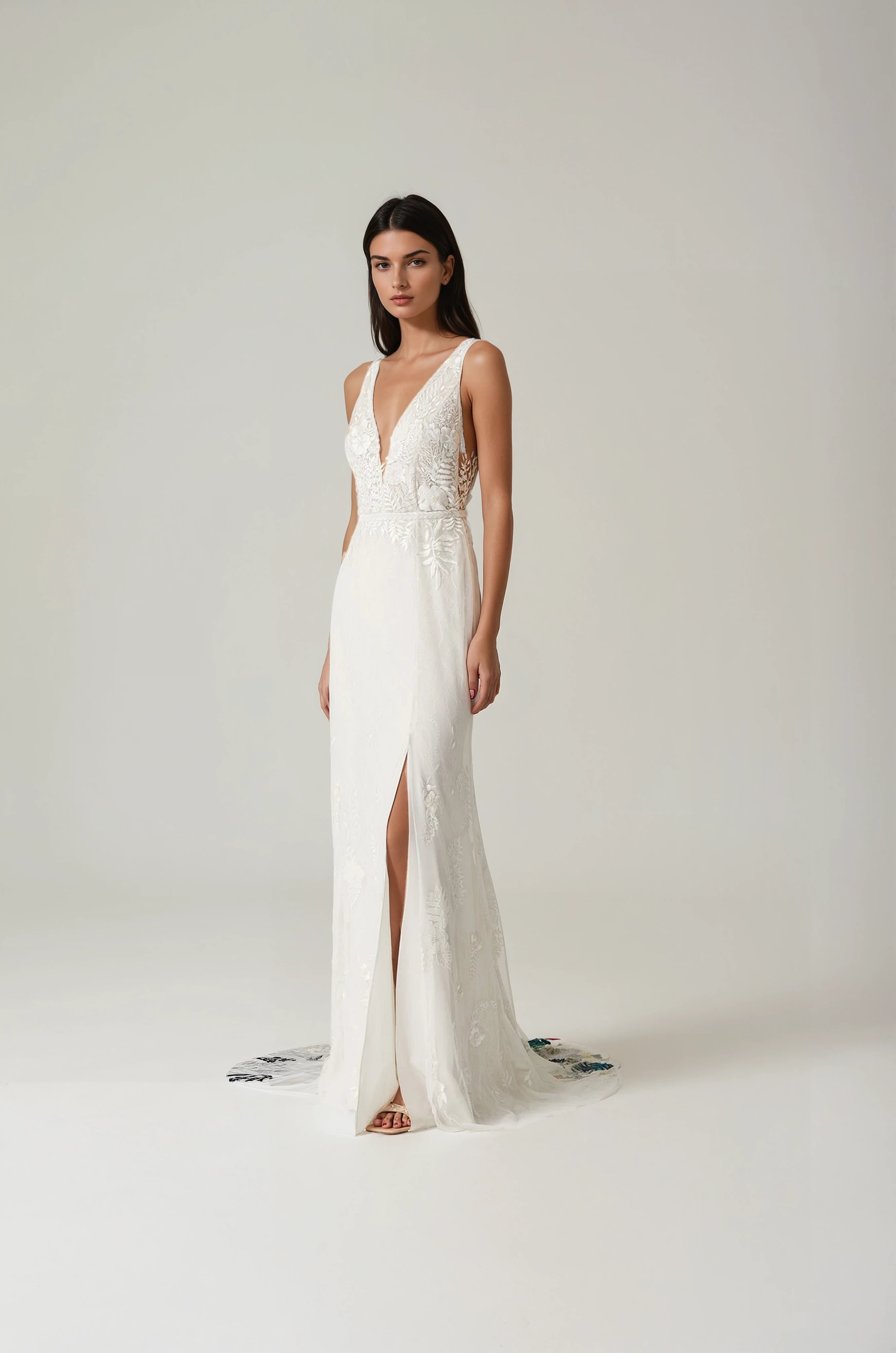 Fern and Rose Slim Fit Gown with Deep V Illusion Neckline | Hermione de Paula Bridal Boutique
