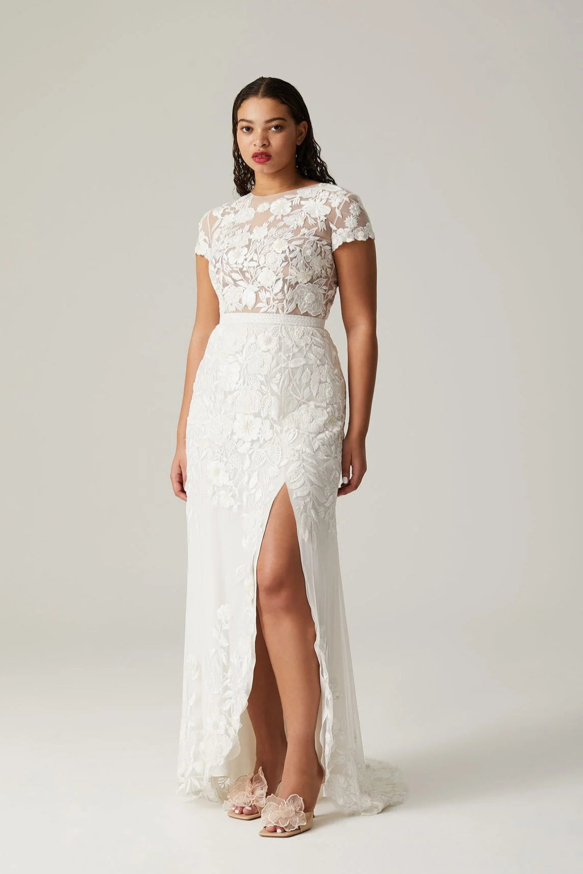 Wild Rose Open Back Cap Sleeve SL Gown Floral White