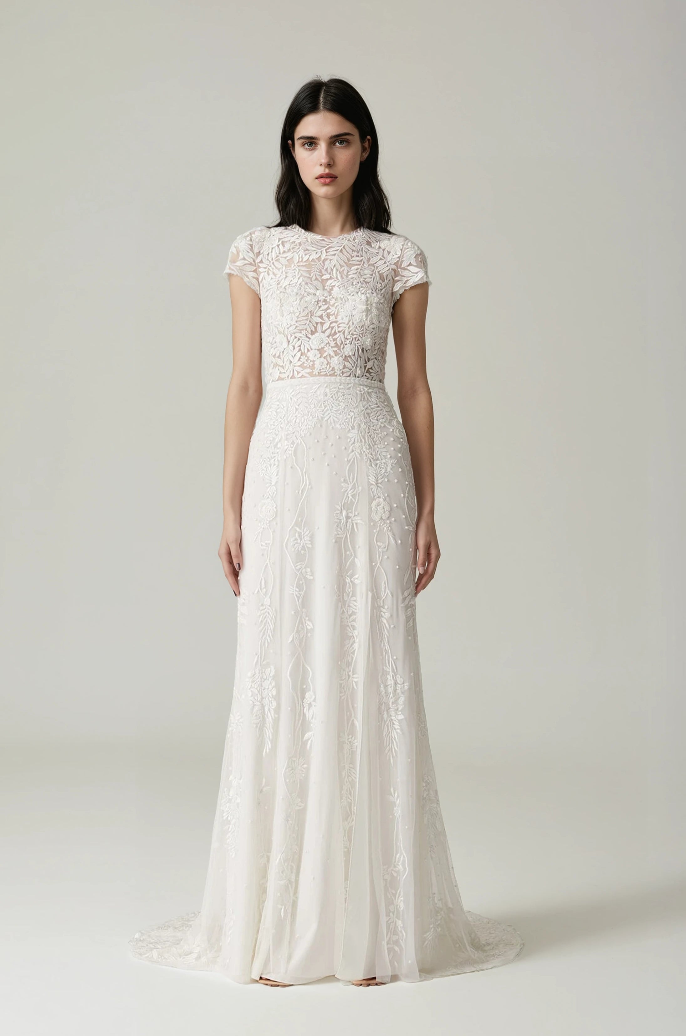Wisteria Back Button Cap Sleeve SL Gown Floral White