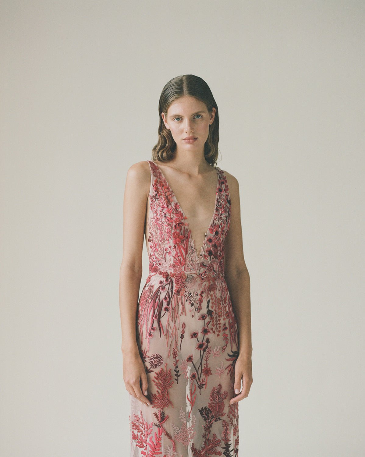 hermione-de-paula-Elevated Underwater Wildflower Column Gown Cranberry Red-botanical-couture