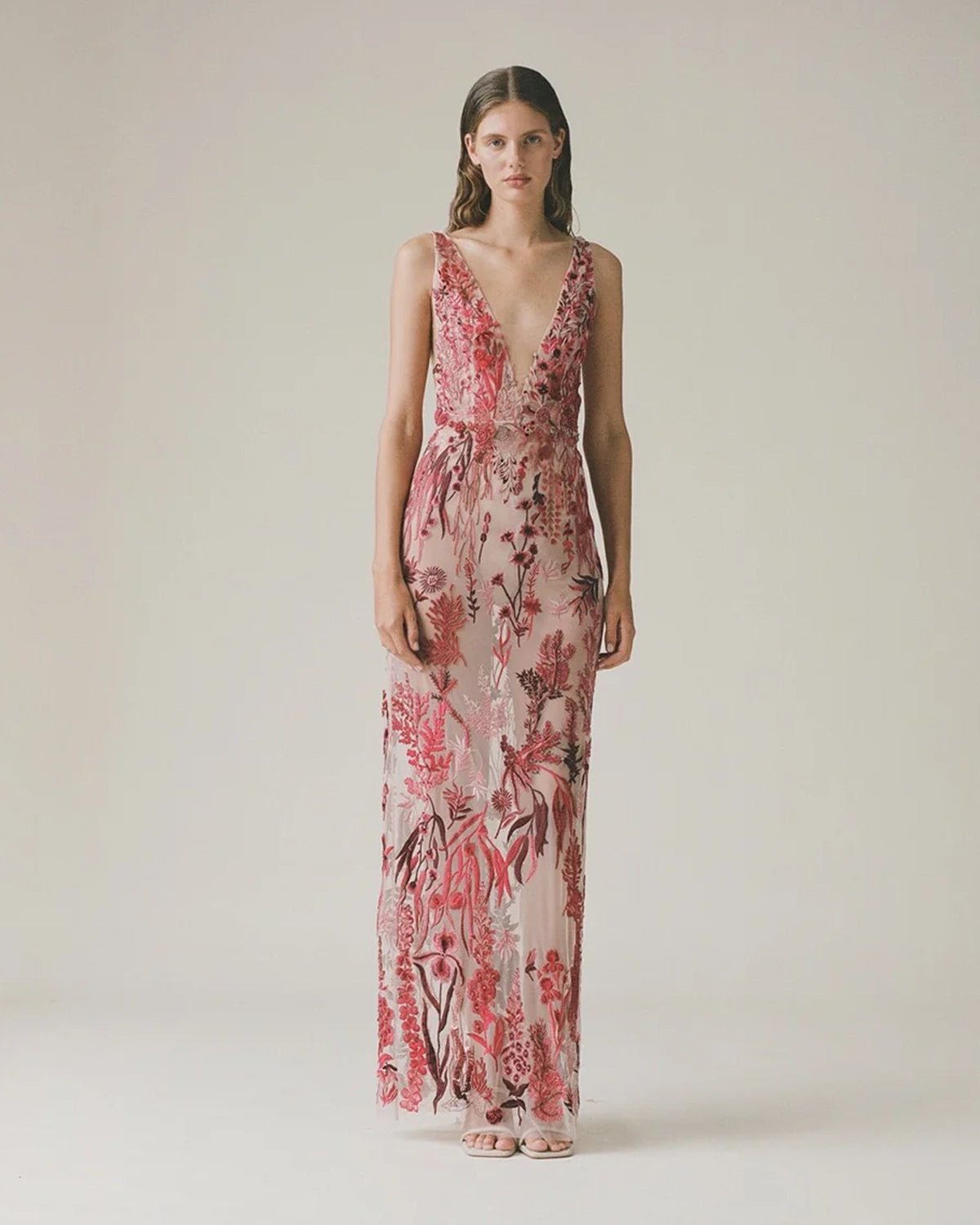 Elevated Underwater Wildflower Column Gown Cranberry Red by Hermione de Paula, hand-embroidered couture bridal - view 1