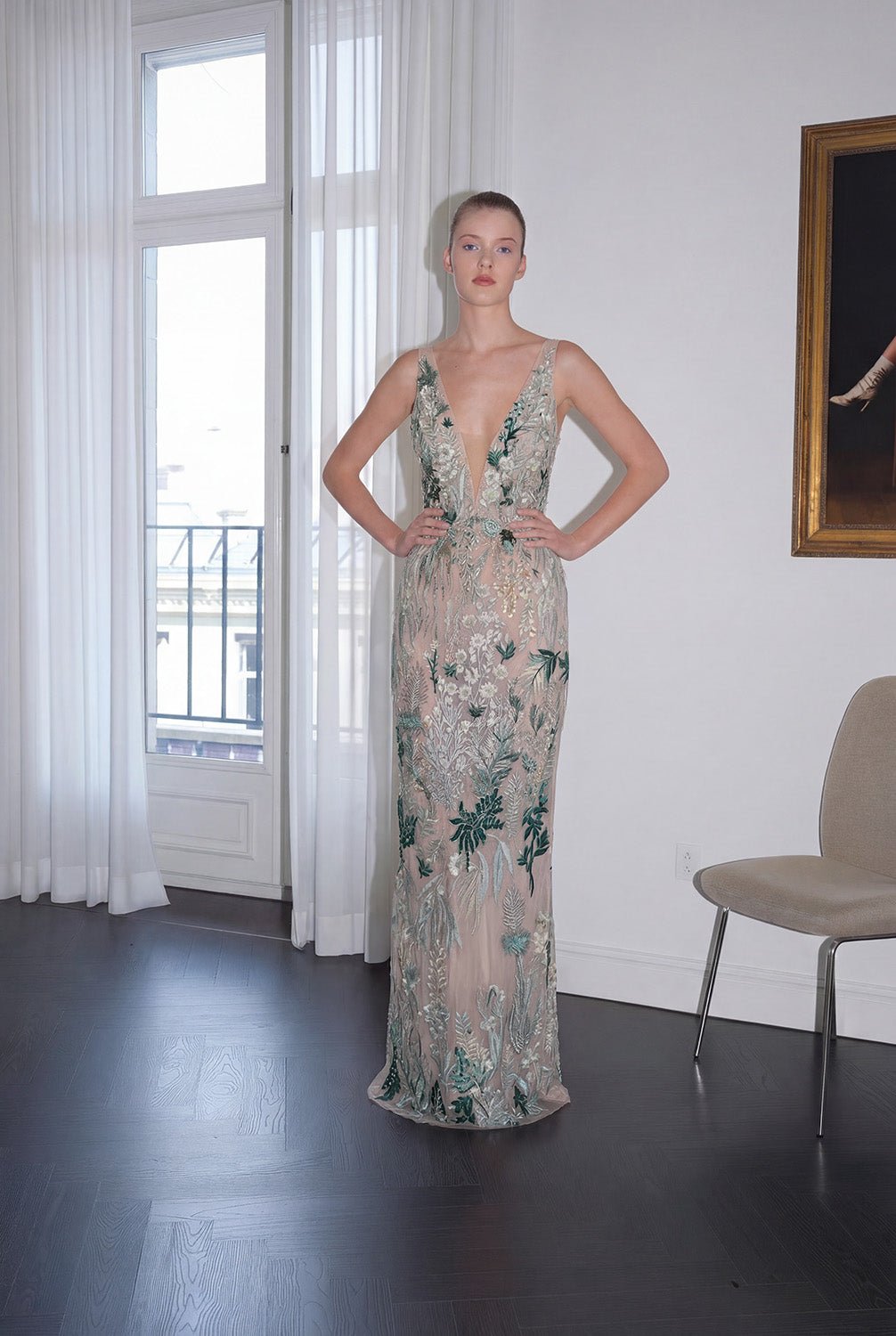 hermione-de-paula-Elevated Underwater Wildflower Column Gown Sea Glass Green-botanical-couture