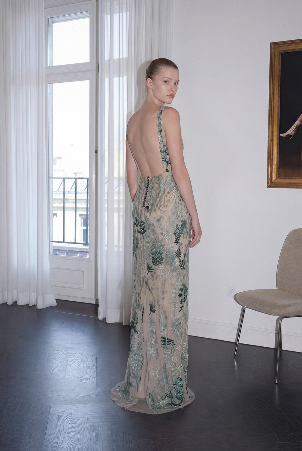 hermione-de-paula-Elevated Underwater Wildflower Column Gown Sea Glass Green-botanical-couture