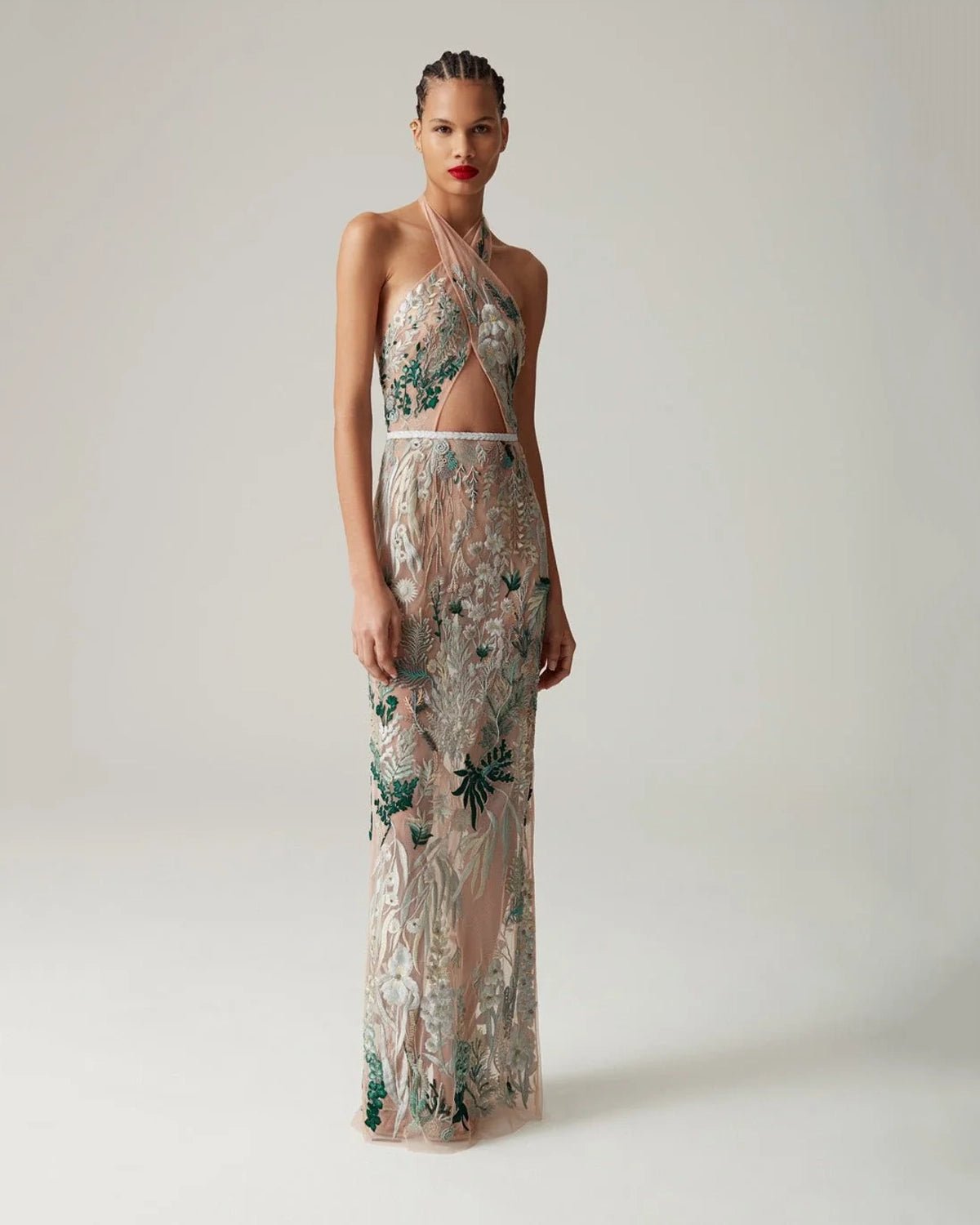 Elevated Underwater Wildflower Cross Neck Column Gown Sea Glass Green by Hermione de Paula, hand-embroidered couture bridal - view 1