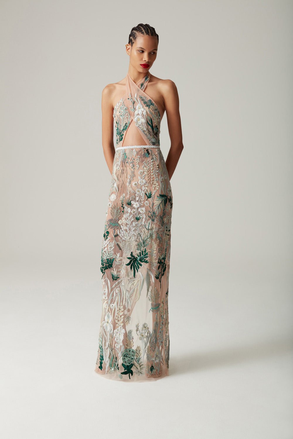hermione-de-paula-Elevated Underwater Wildflower Cross Neck Column Gown Sea Glass Green-botanical-couture