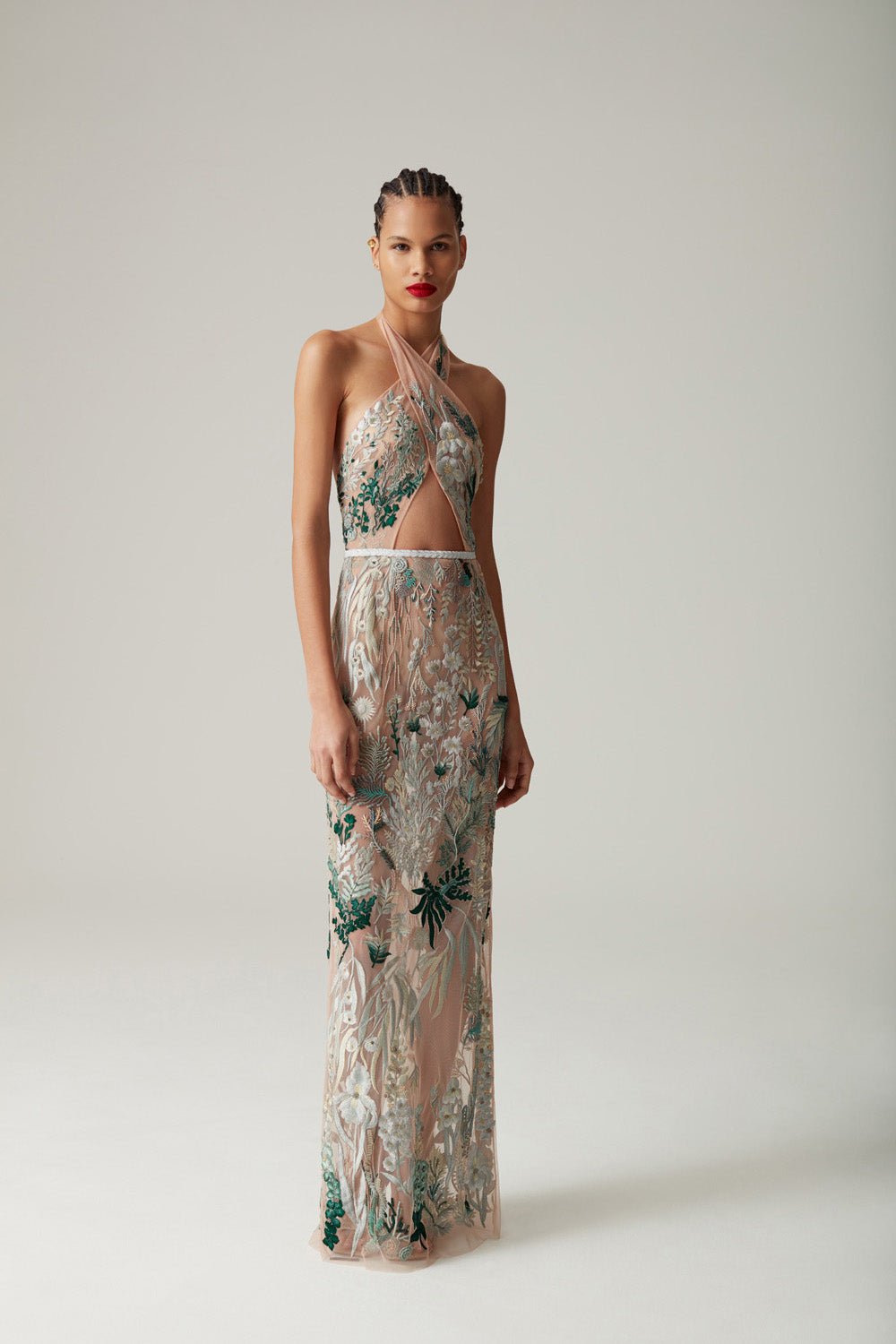 hermione-de-paula-Elevated Underwater Wildflower Cross Neck Column Gown Sea Glass Green-botanical-couture