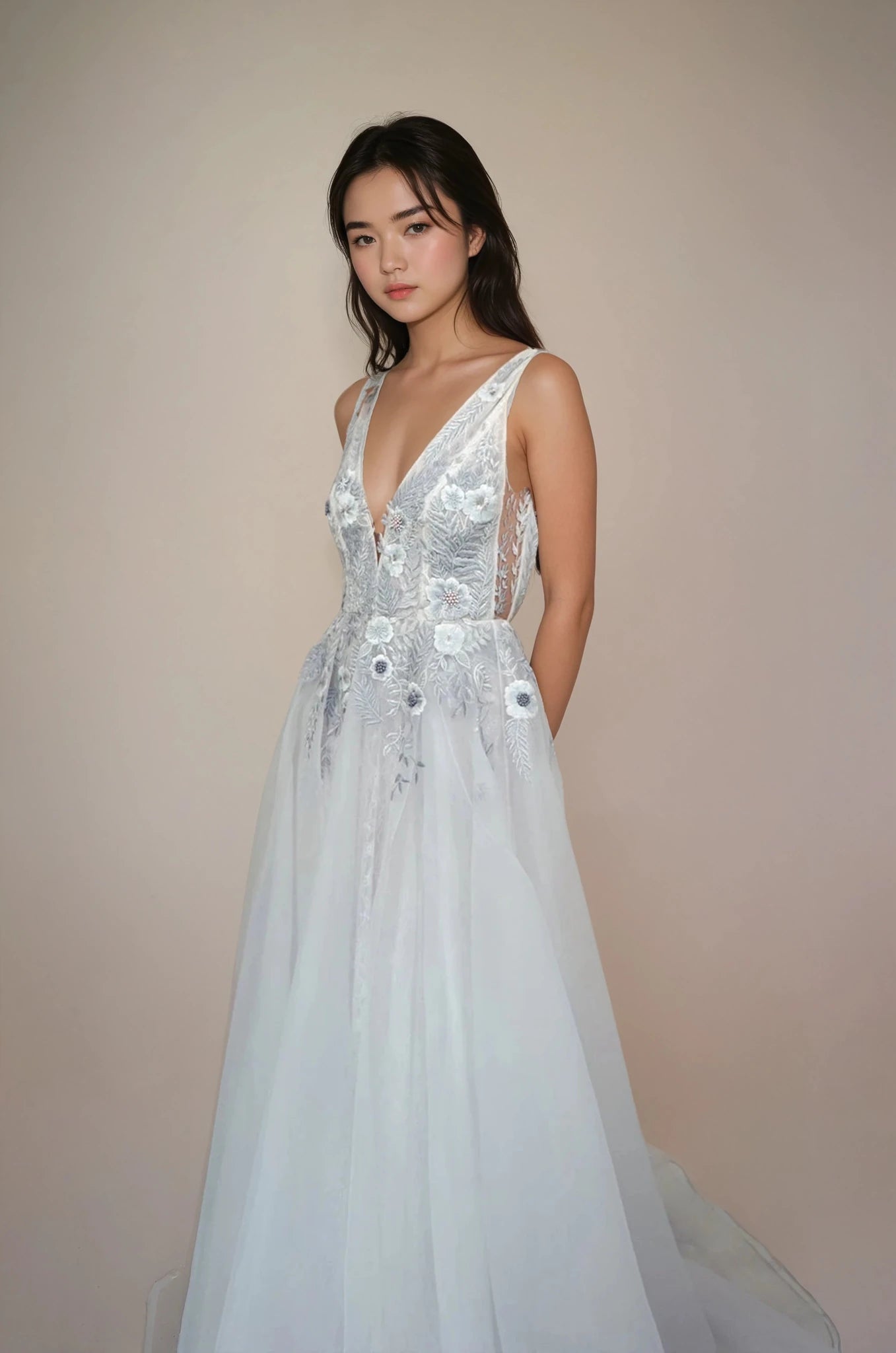 hermione - de - paula - Fern and Rose Illusion V Organza & Tulle SL Gown Moon Rock - botanical - couture