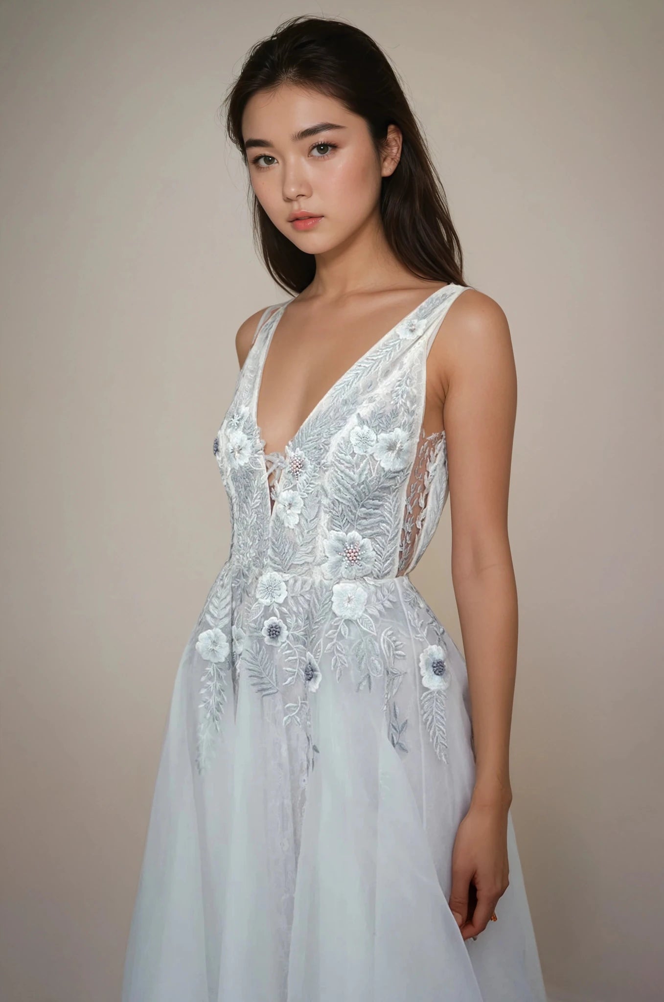 hermione - de - paula - Fern and Rose Illusion V Organza & Tulle SL Gown Moon Rock - botanical - couture