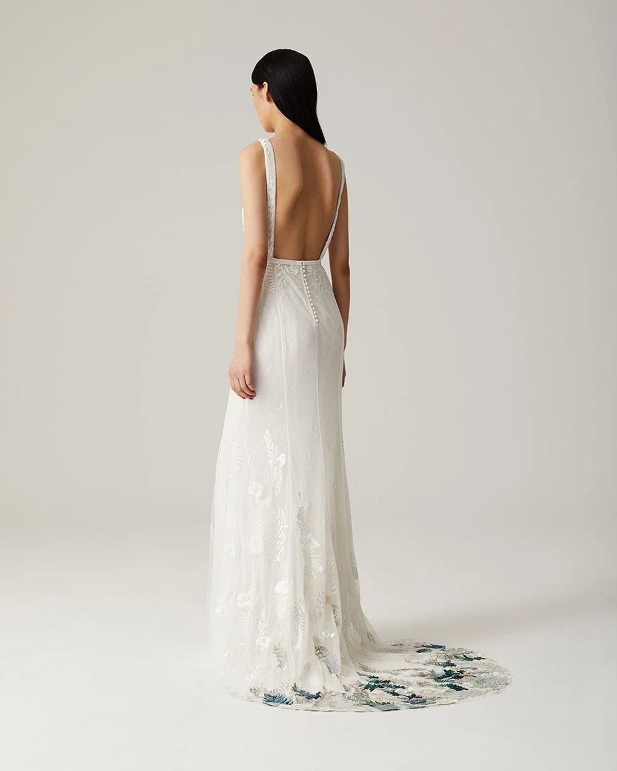 hermione-de-paula-Fern and Rose Slim Fit Illusion V Open Square Back Forest Hem Gown | Floral White-botanical-couture