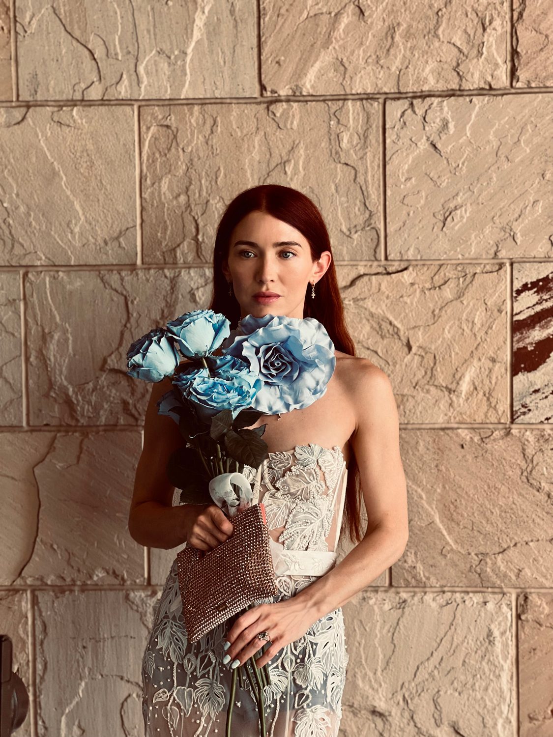Hermione de Paula bride Madeleine wearing the Monstera Eclipse couture wedding gown with a something blue rose and Celestial Seascape choker - photo 8