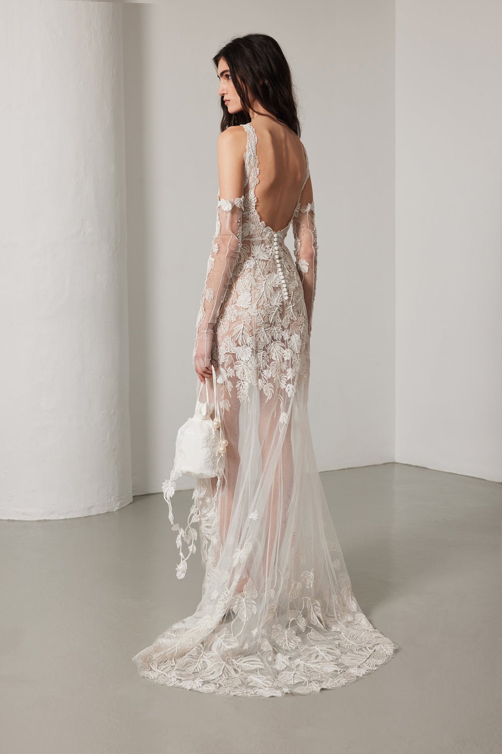 hermione - de - paula - Monstera Eclipse Unlined Racer Neck Gown Floral White - botanical - couture