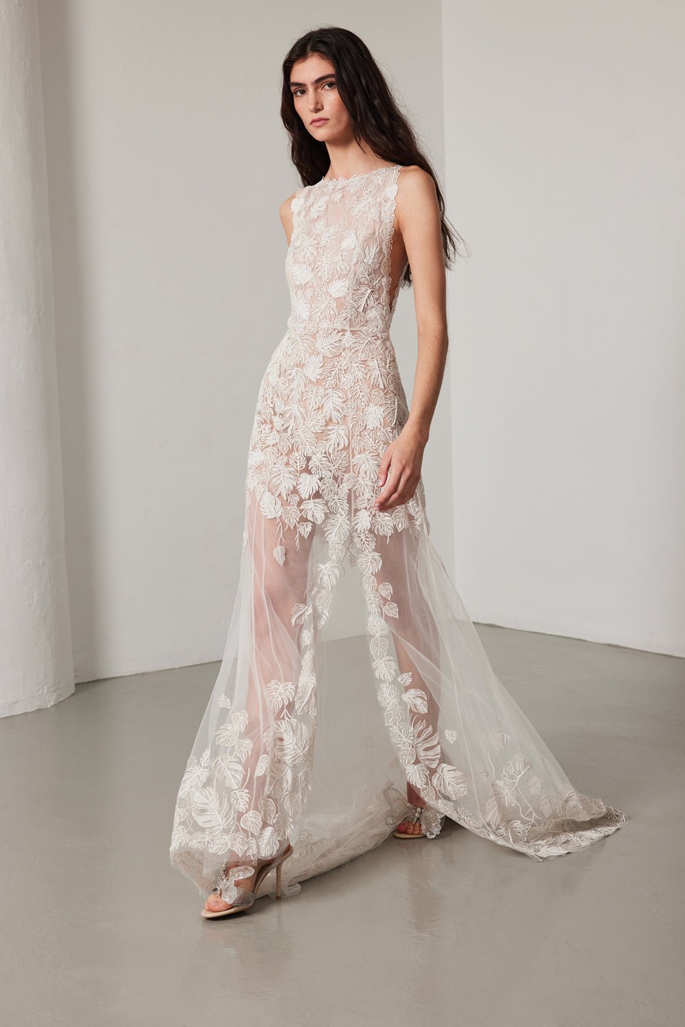 hermione - de - paula - Monstera Eclipse Unlined Racer Neck Gown Floral White - botanical - couture