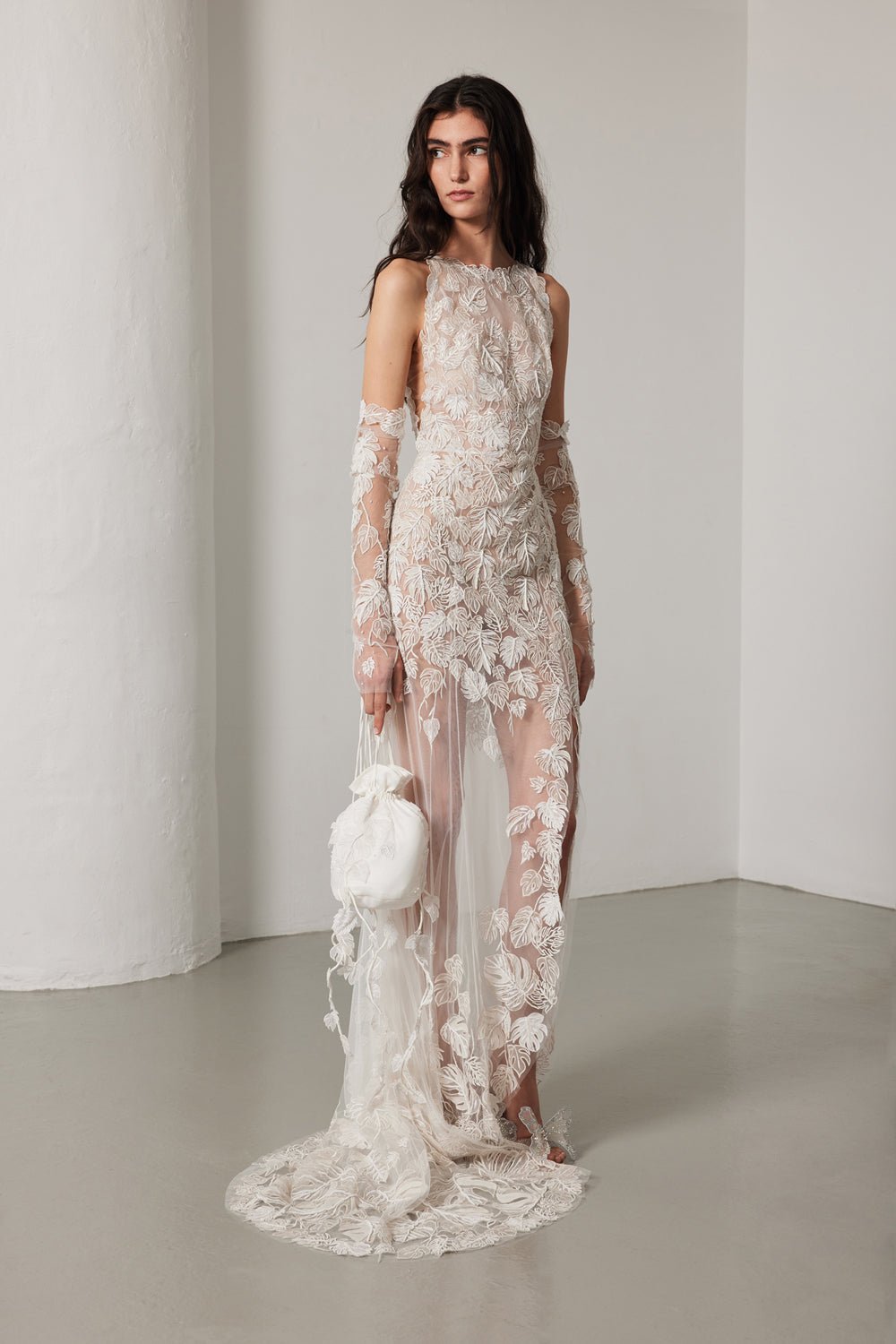 hermione - de - paula - Monstera Eclipse Unlined Racer Neck Gown Floral White - botanical - couture