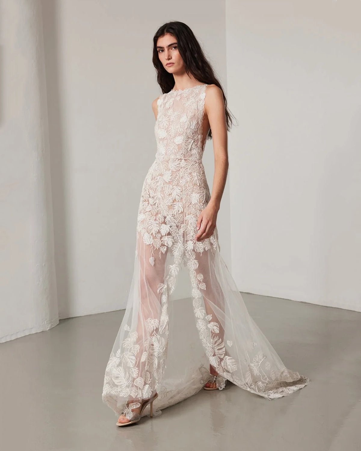 Monstera Racer Neck Gown With Train - Floral White by Hermione de Paula, hand-embroidered couture bridal - view 4