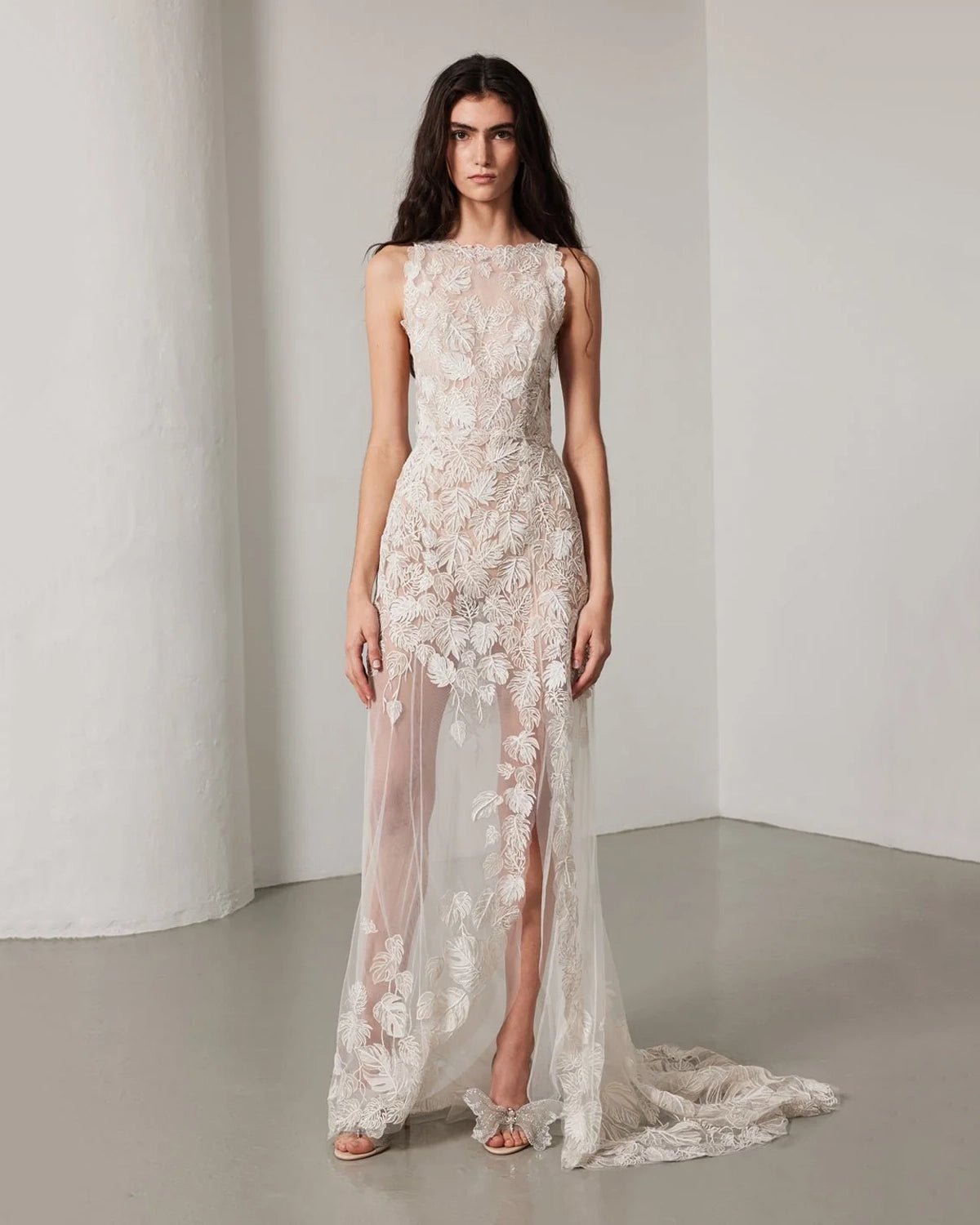 Monstera Racer Neck Gown With Train - Floral White by Hermione de Paula, hand-embroidered couture bridal - view 1