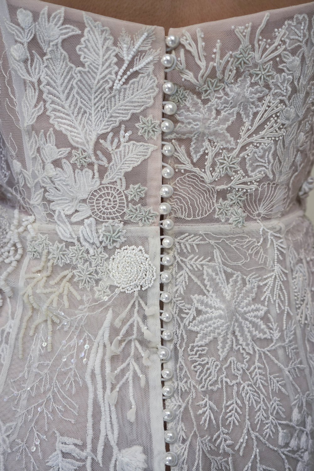 hermione - de - paula - Seascape Straight Bodice SL Gown Moonlight White - botanical - couture