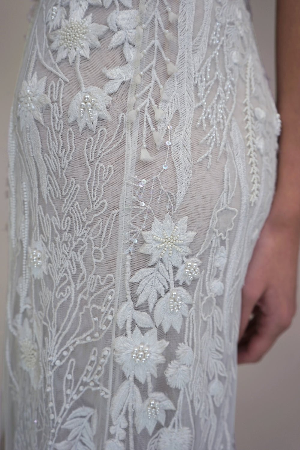 hermione - de - paula - Seascape Straight Bodice SL Gown Moonlight White - botanical - couture