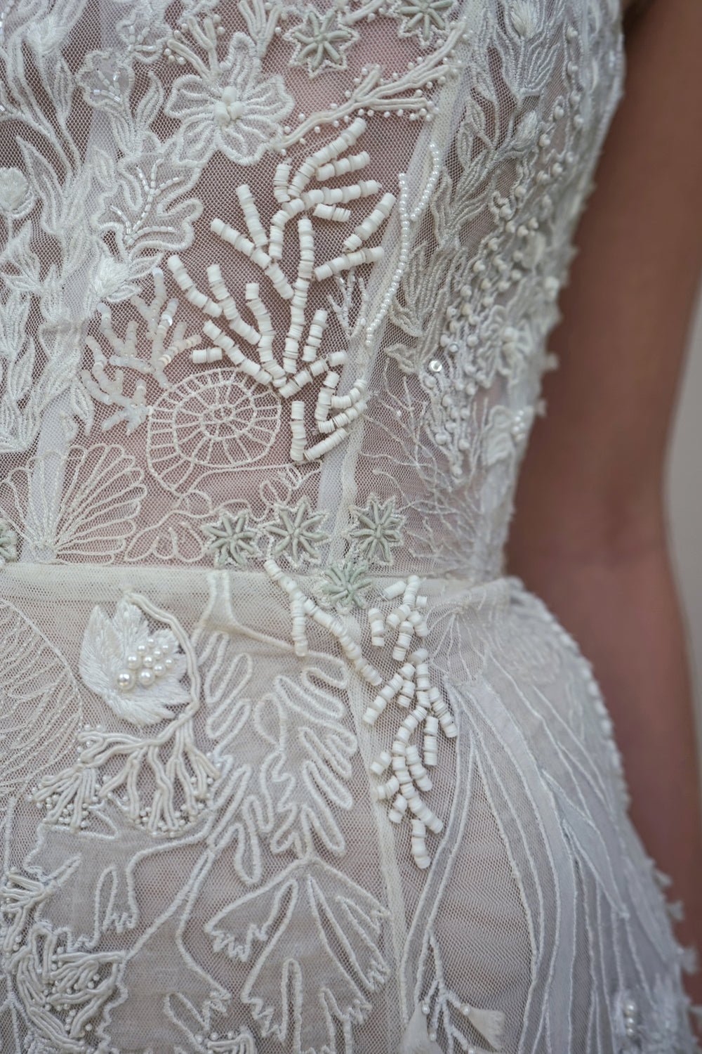 hermione - de - paula - Seascape Straight Bodice SL Gown Moonlight White - botanical - couture