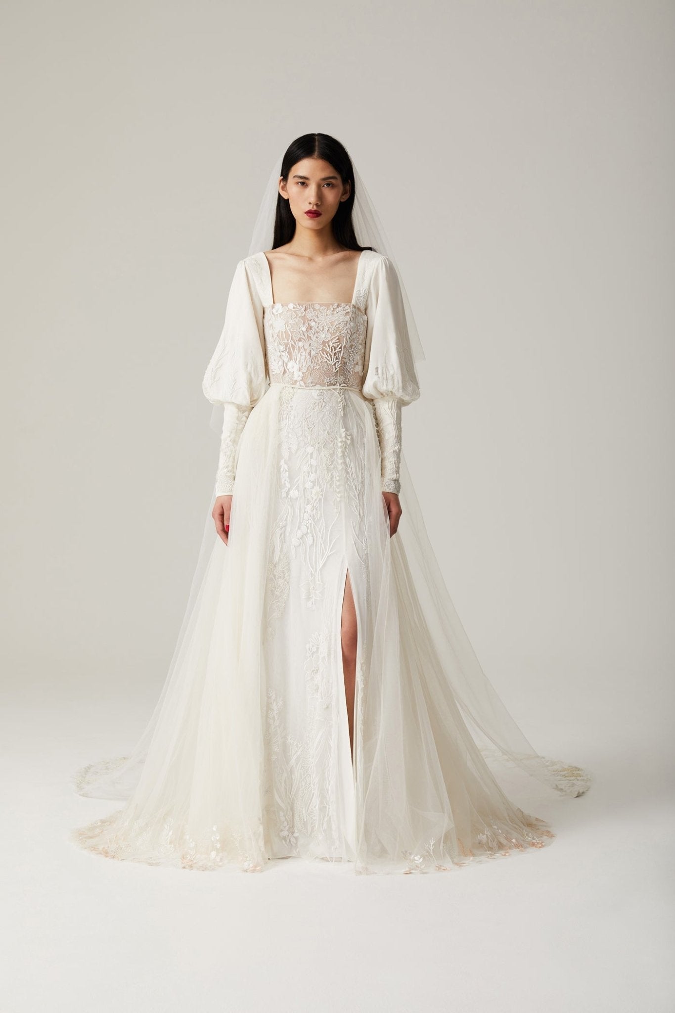 hermione-de-paula-Seascape Straight Bodice SL Gown Moonlight White-botanical-couture