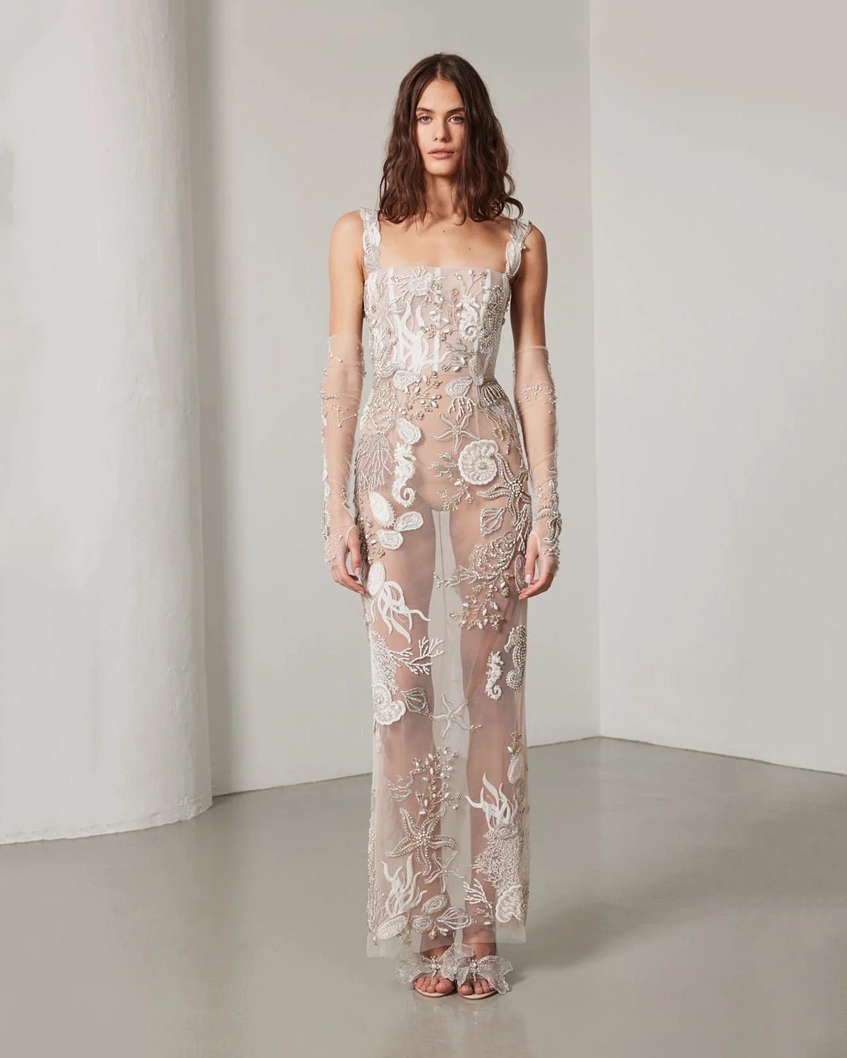 Thalassophile Square Neck Seascape Gown Floral White by Hermione de Paula, hand-embroidered couture bridal - view 1