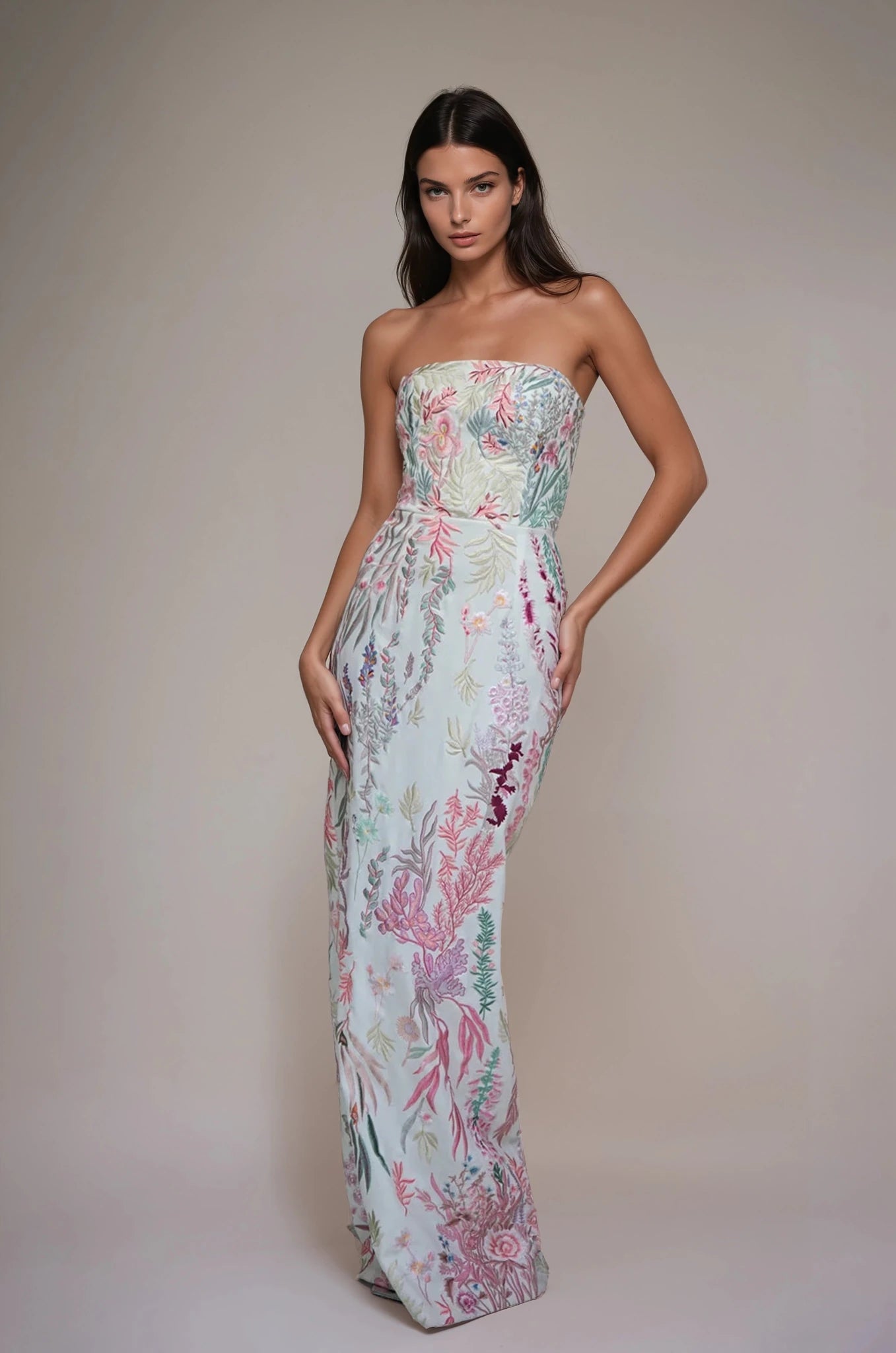 hermione - de - paula - Underwater Wildflower Bustier Crepe Column Gown Blush - botanical - couture