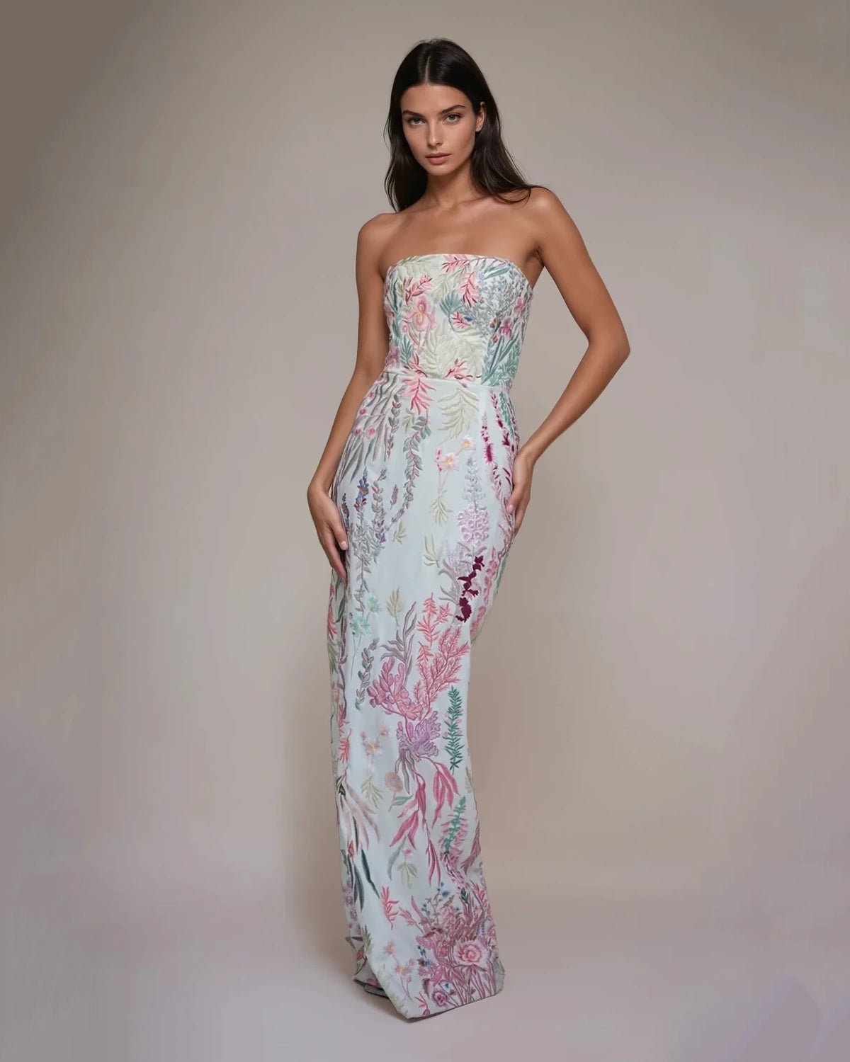 hermione-de-paula-Underwater Wildflower Bustier Silk Crepe Column Gown | Blush-botanical-couture