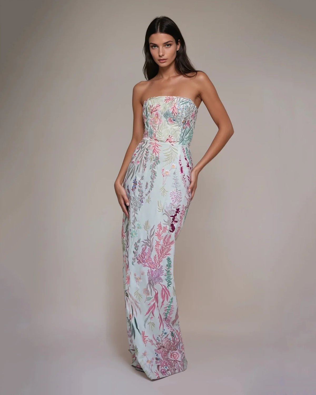 hermione-de-paula-Underwater Wildflower Bustier Silk Crepe Column Gown | Blush-botanical-couture