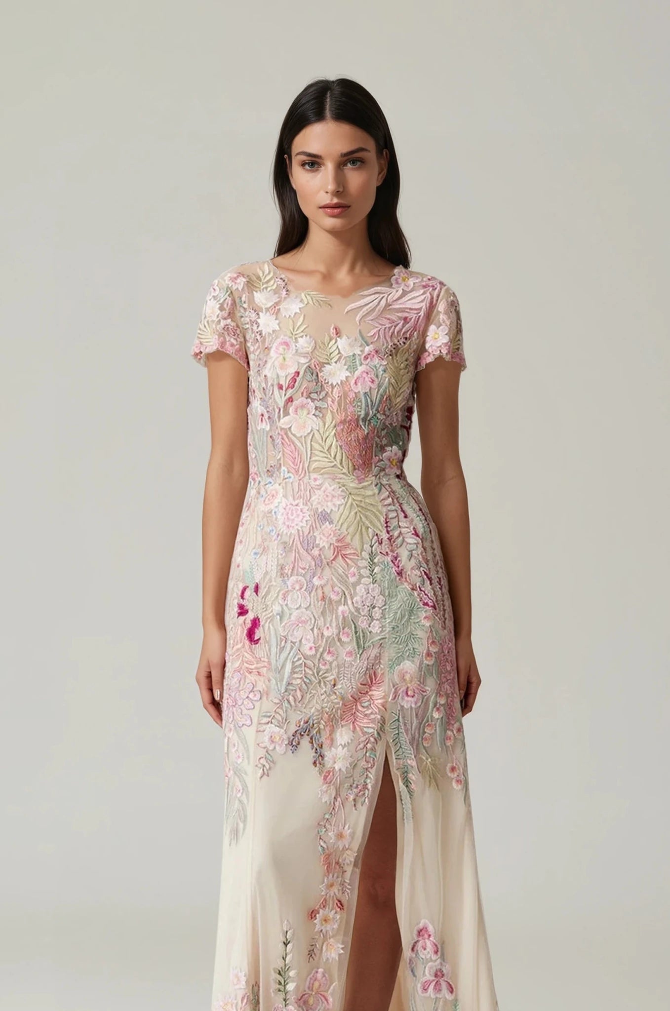 hermione - de - paula - Underwater Wildflower Crepe Bustier Cap Sleeve SL Gown Blush - botanical - couture