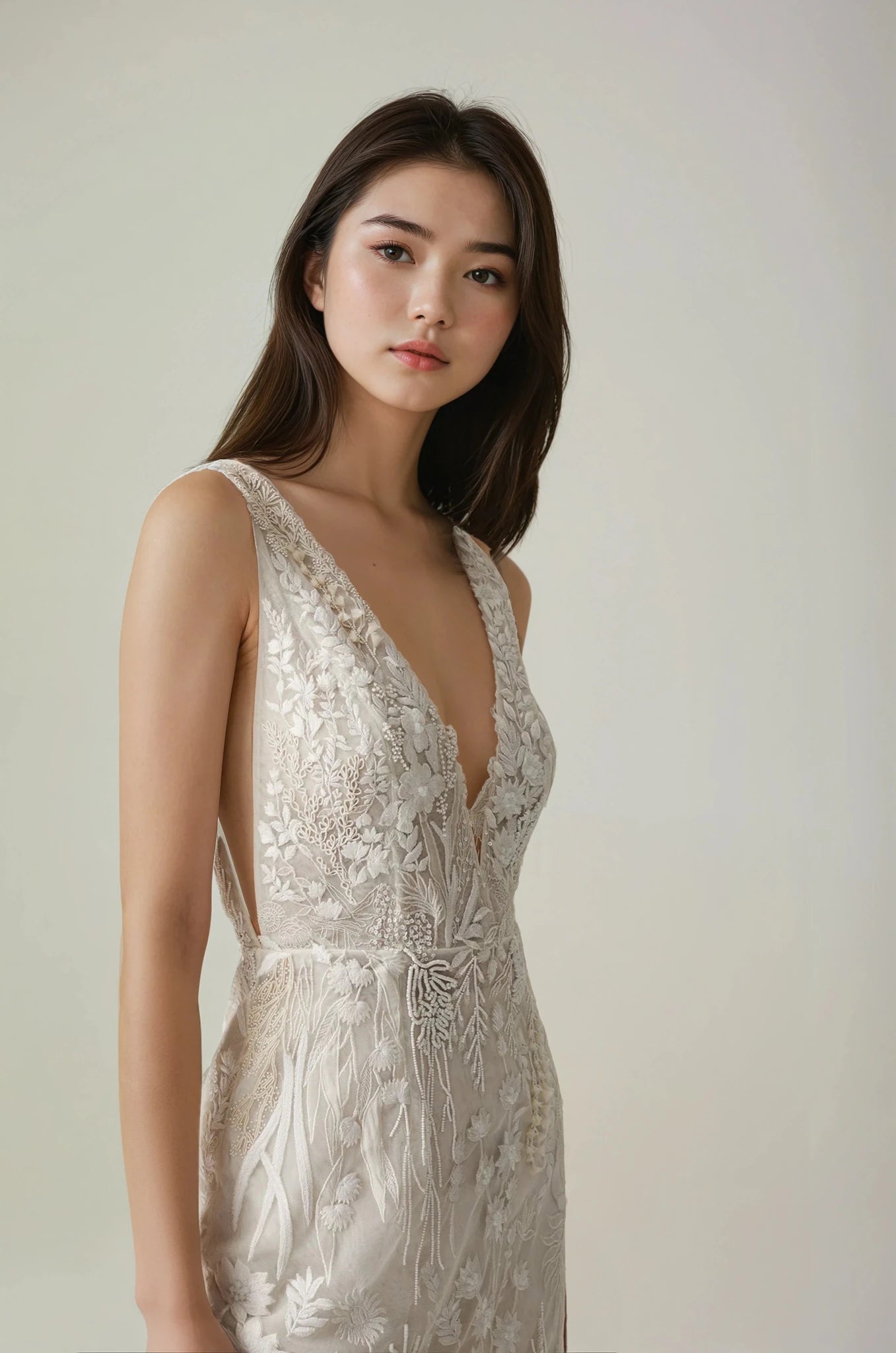 hermione - de - paula - Underwater Wildflower Illusion V Front Tulle SL Gown Moonlight White - botanical - couture