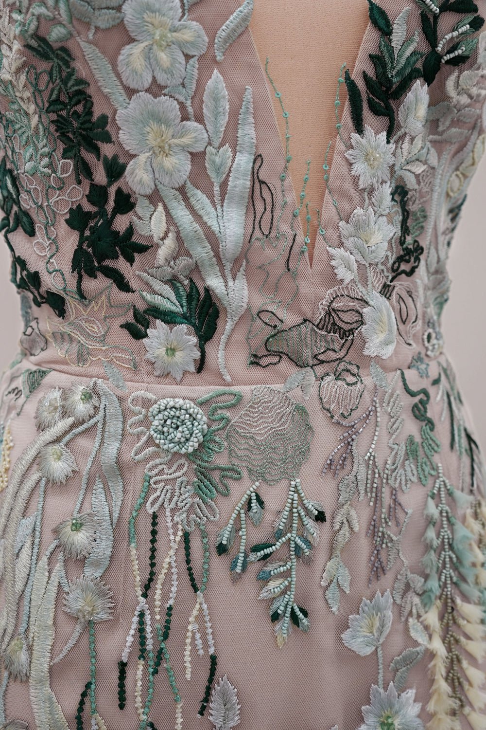 hermione - de - paula - Underwater Wildflower Illusion V Front Tulle SL Gown Sea Glass Green - botanical - couture