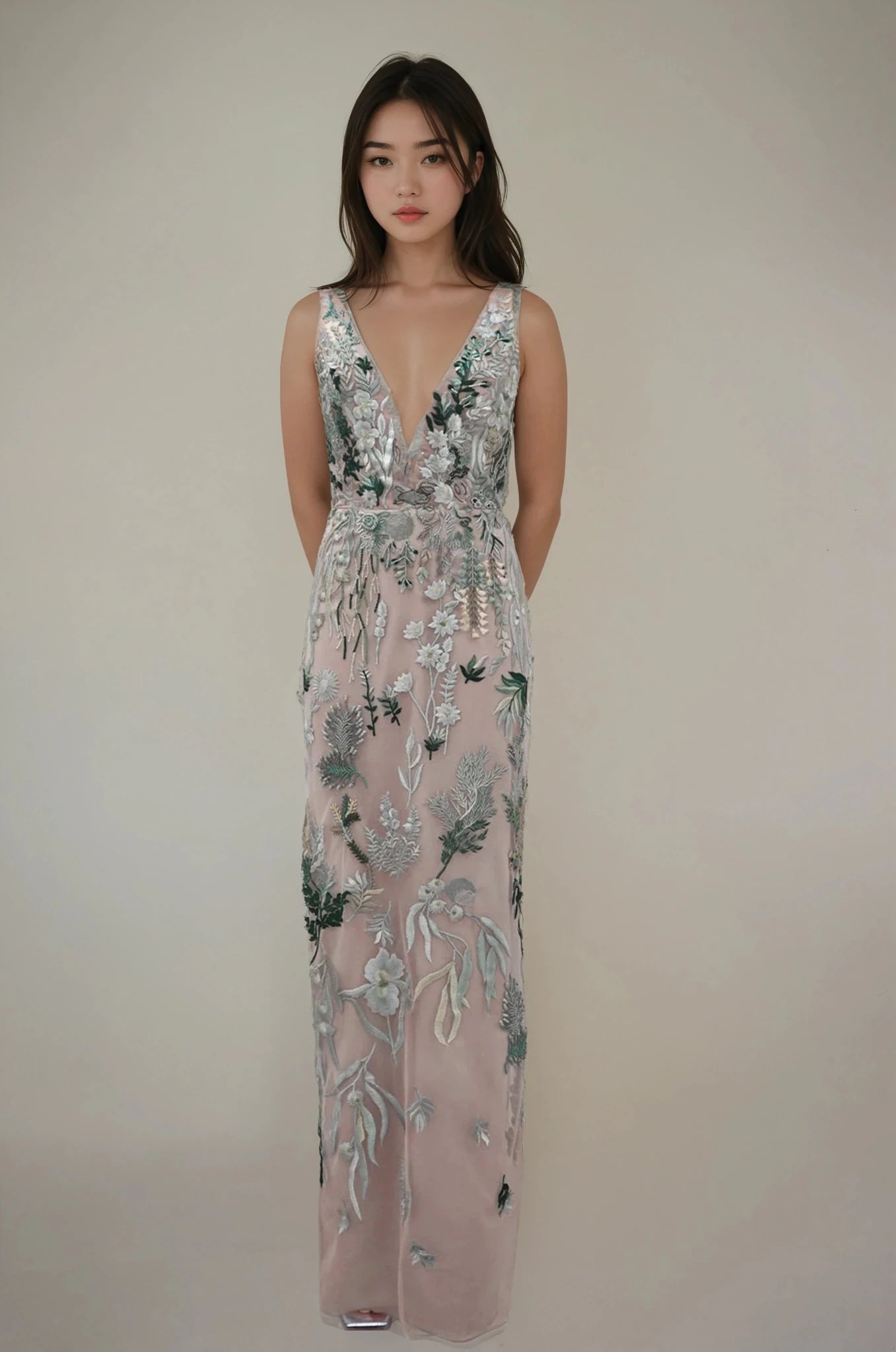 hermione - de - paula - Underwater Wildflower Illusion V Front Tulle SL Gown Sea Glass Green - botanical - couture