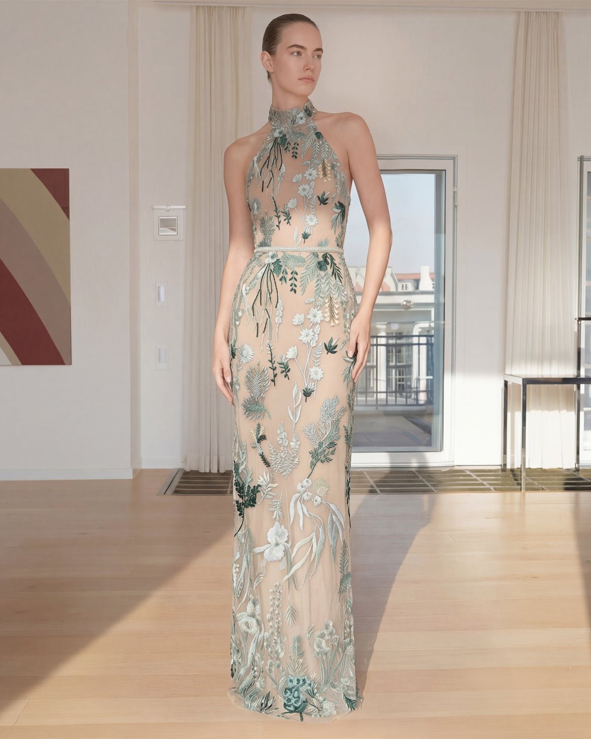 hermione-de-paula-Underwater Wildflower Silk Lined Halter Neck Column Gown Sea Glass-couture-bridal-ready-to-wear
