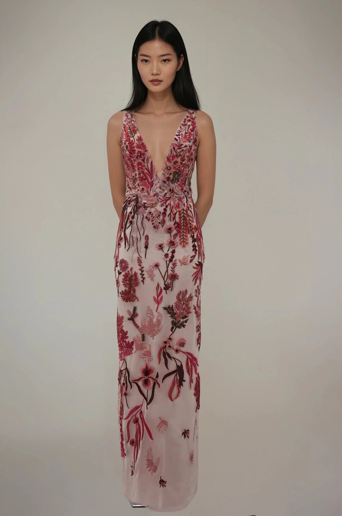 hermione - de - paula - Underwater Wildflower SL Column Gown Cranberry Red - botanical - couture