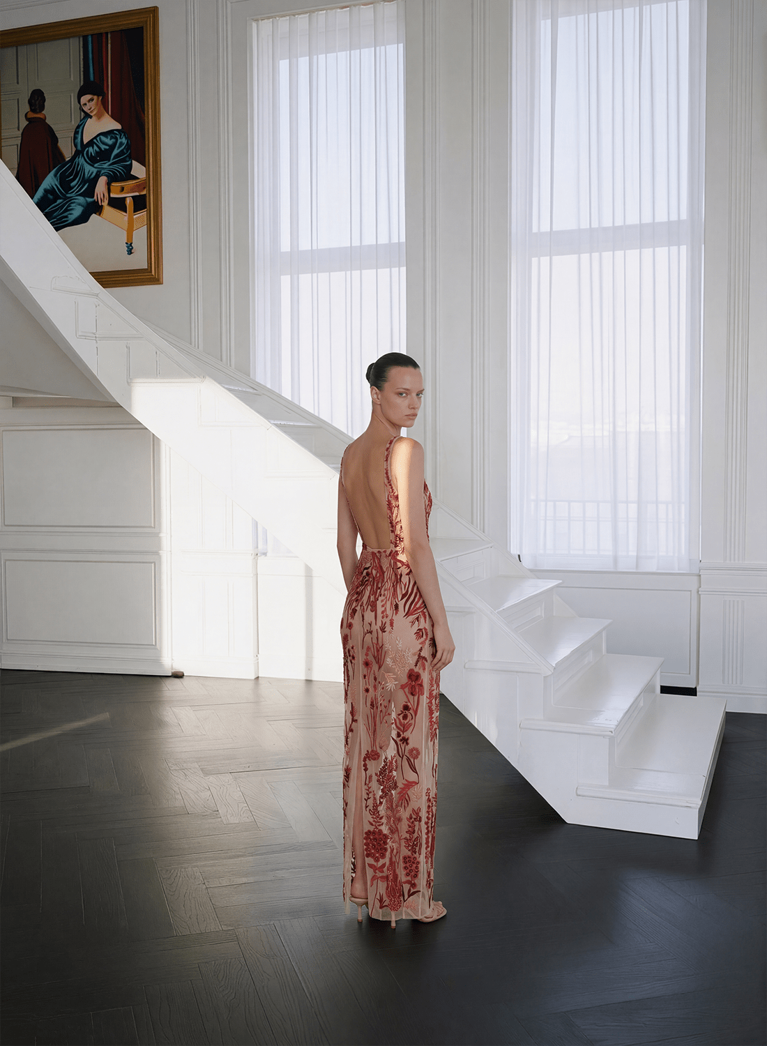 hermione in red dress Underwater Wildflower SL Column Gown Cranberry Red