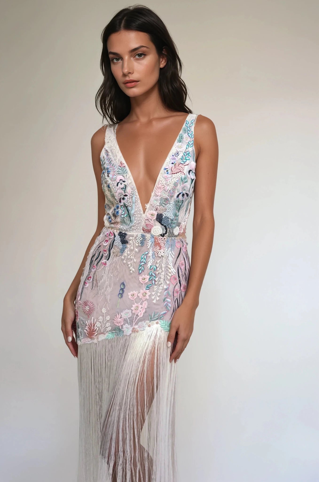 hermione - de - paula - Underwater Wildflower SL Tassel Mini Gown Midnight - botanical - couture