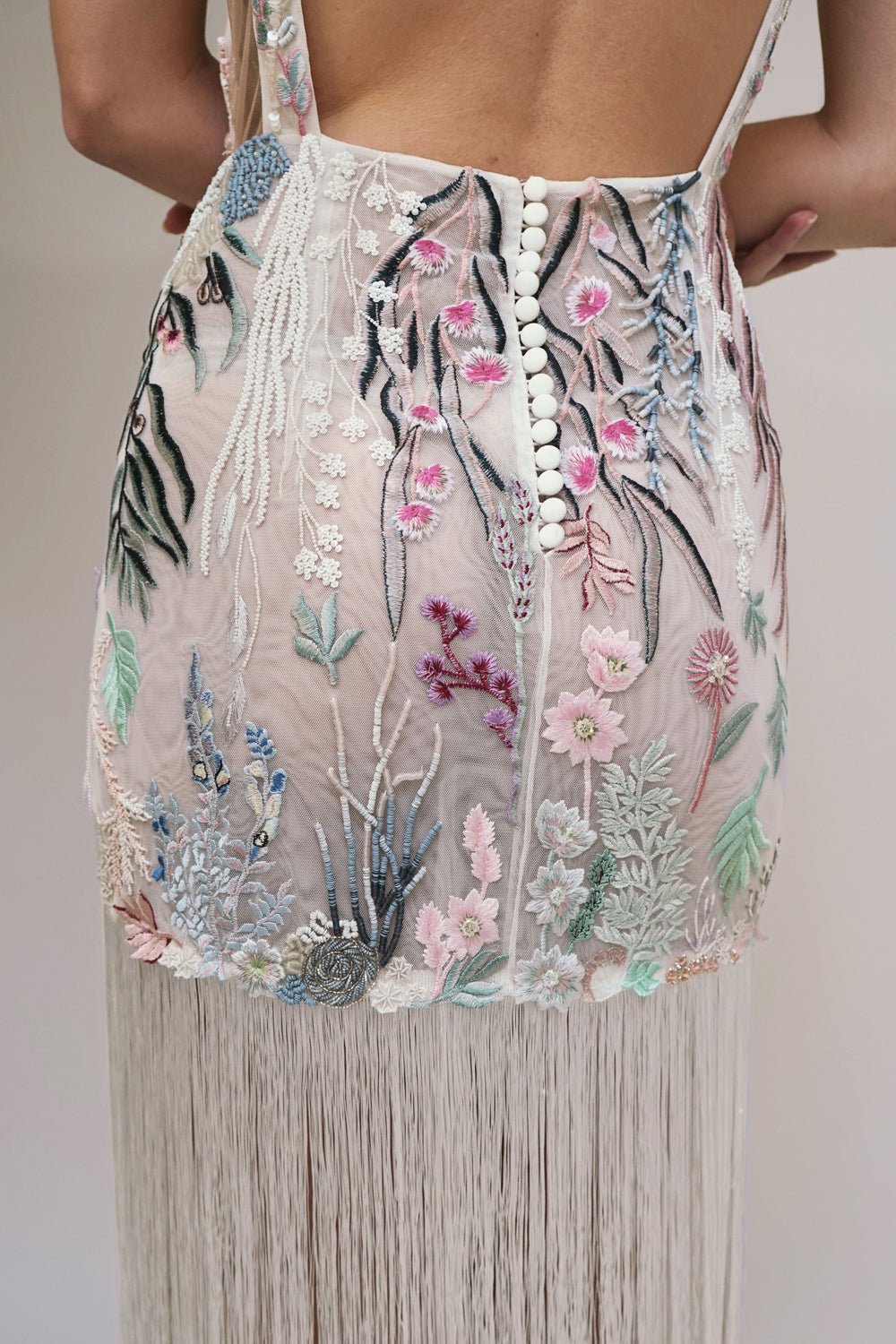 hermione - de - paula - Underwater Wildflower SL Tassel Mini Gown Midnight - botanical - couture