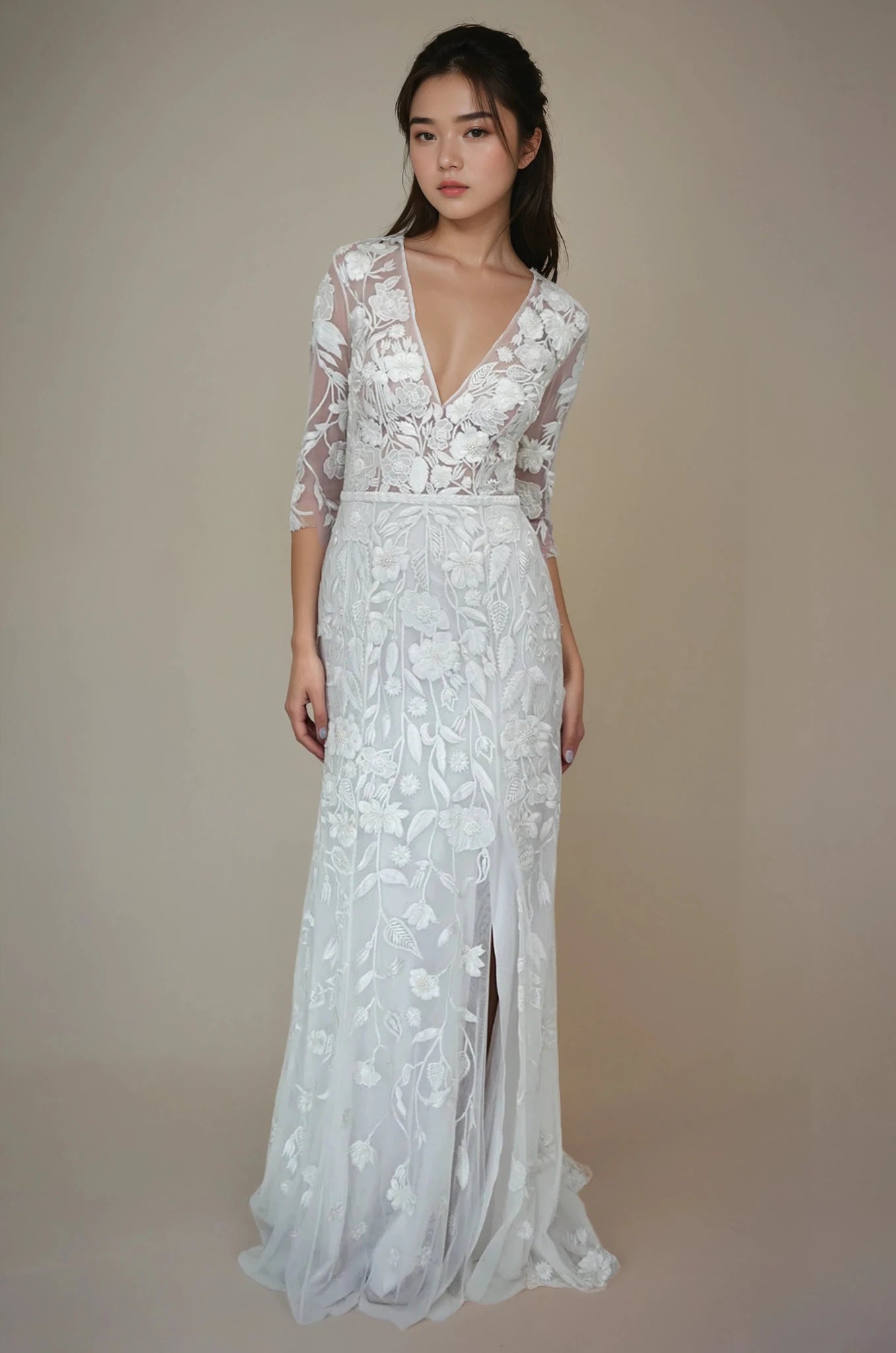 hermione - de - paula - Wild Rose Deep V 3/4 Sleeve SL Gown Floral White - botanical - couture