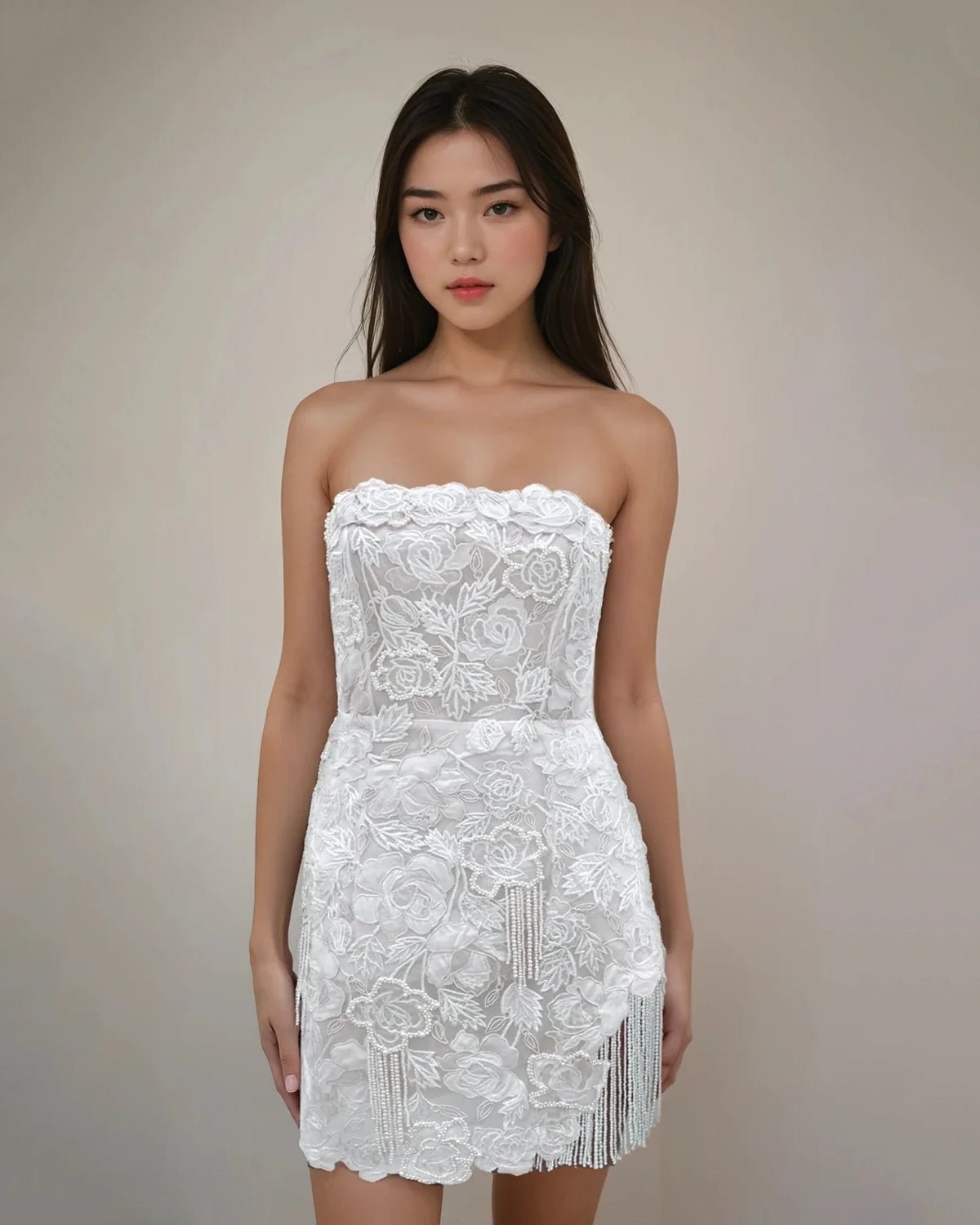 hermione-de-paula-Wild Rose Pearl Beaded Tassel Mini Gown | Floral White-botanical-couture