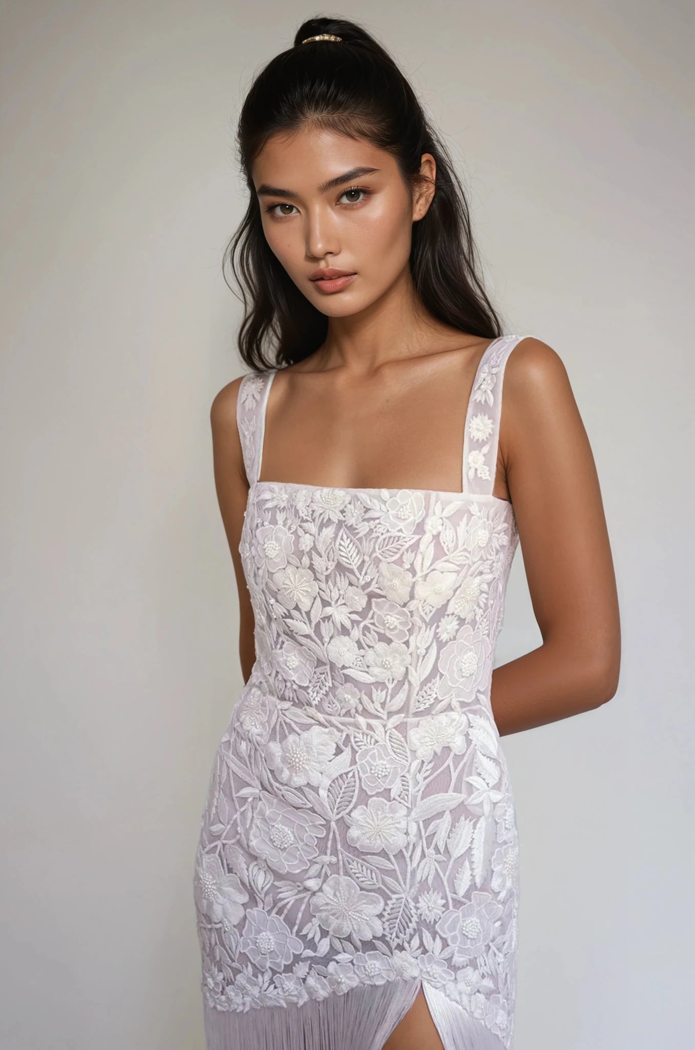 hermione - de - paula - Wild Rose Square Neck SL Tassel Mini Gown Floral White - botanical - couture