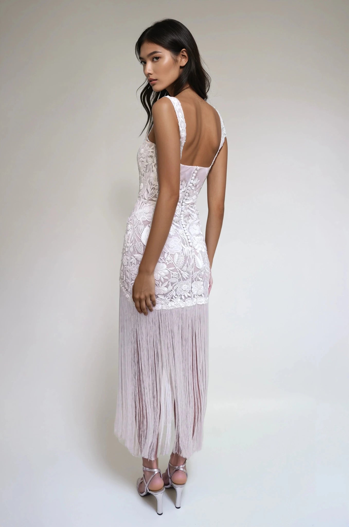 hermione - de - paula - Wild Rose Square Neck SL Tassel Mini Gown Floral White - botanical - couture