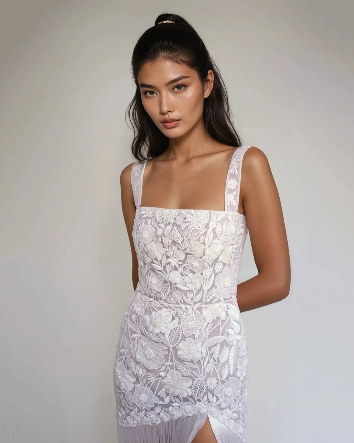 hermione-de-paula-Wild Rose Square Neck Tassel Mini Gown | Floral White-botanical-couture