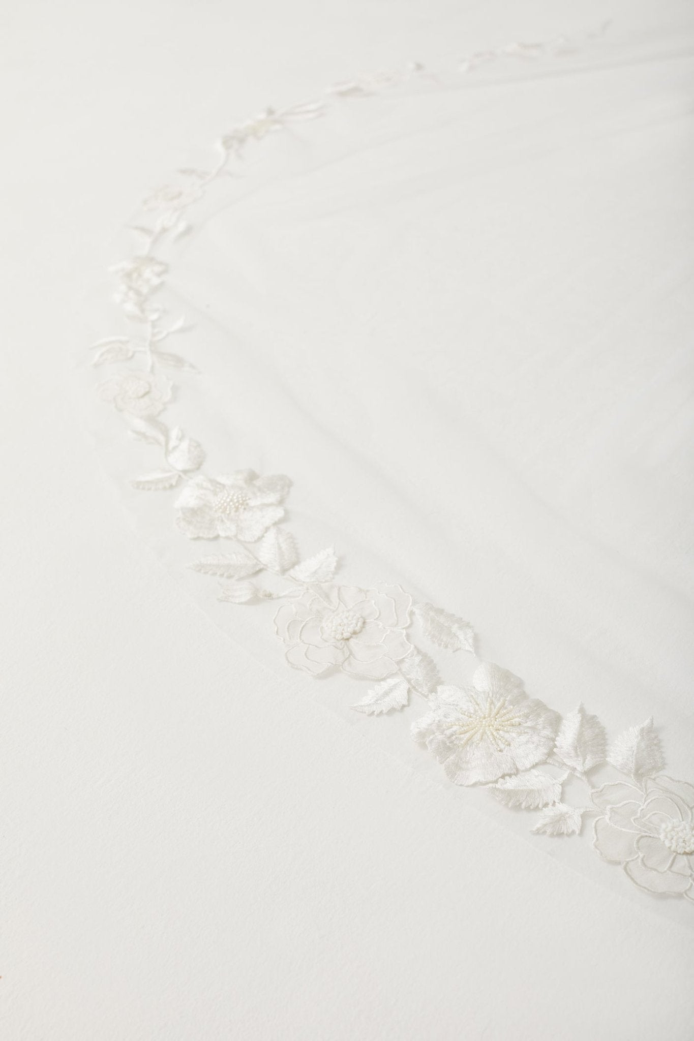 hermione - de - paula - Wild Rose Vine - Abbey Wide Hand Embroidered Veil 'Floral White' - botanical - couture