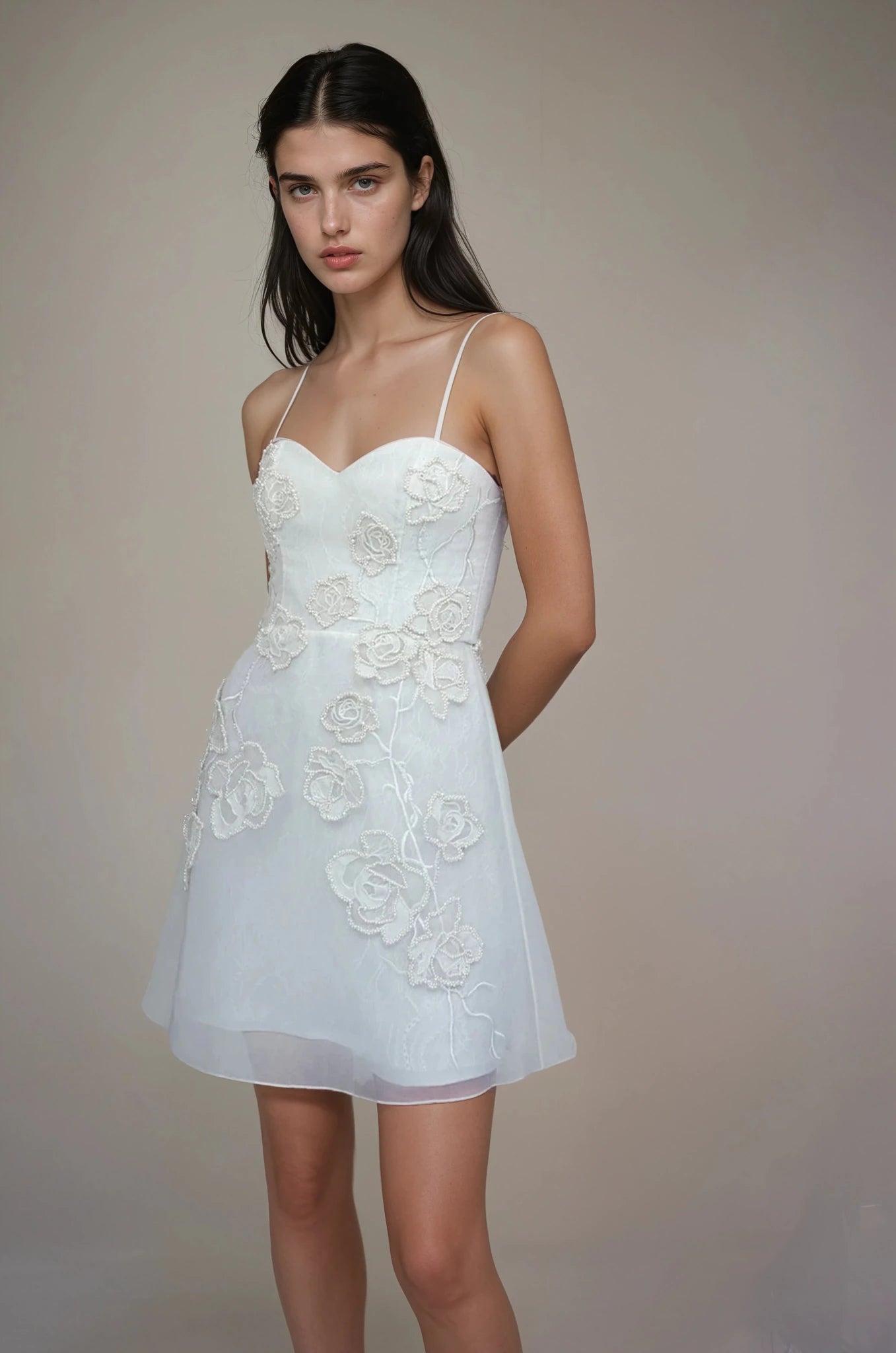 hermione - de - paula - Wild Rose Vine Organza SL Mini Gown Floral White with Lace - botanical - couture